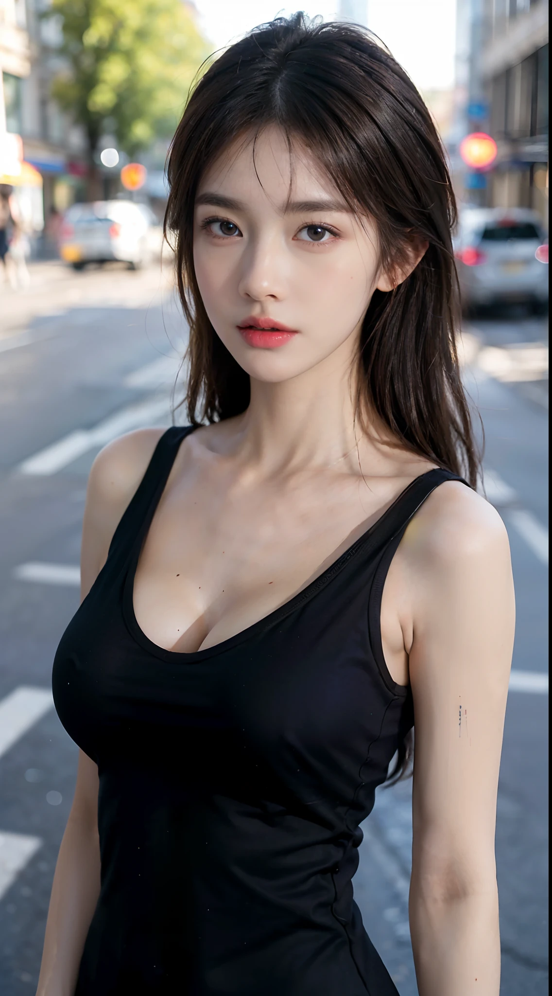 ((Best quality, 8k, Masterpiece :1.3)), Whole body, Sharp focus :1.2, A pretty woman with perfect figure :1.4, Slender abs :1.2, ((Dark brown hair, Big breasts :1.2)), Tank top dress :1.1, (Neon, On street:1.1), Highly detailed face and skin texture, Detailed eyes, Double eyelid