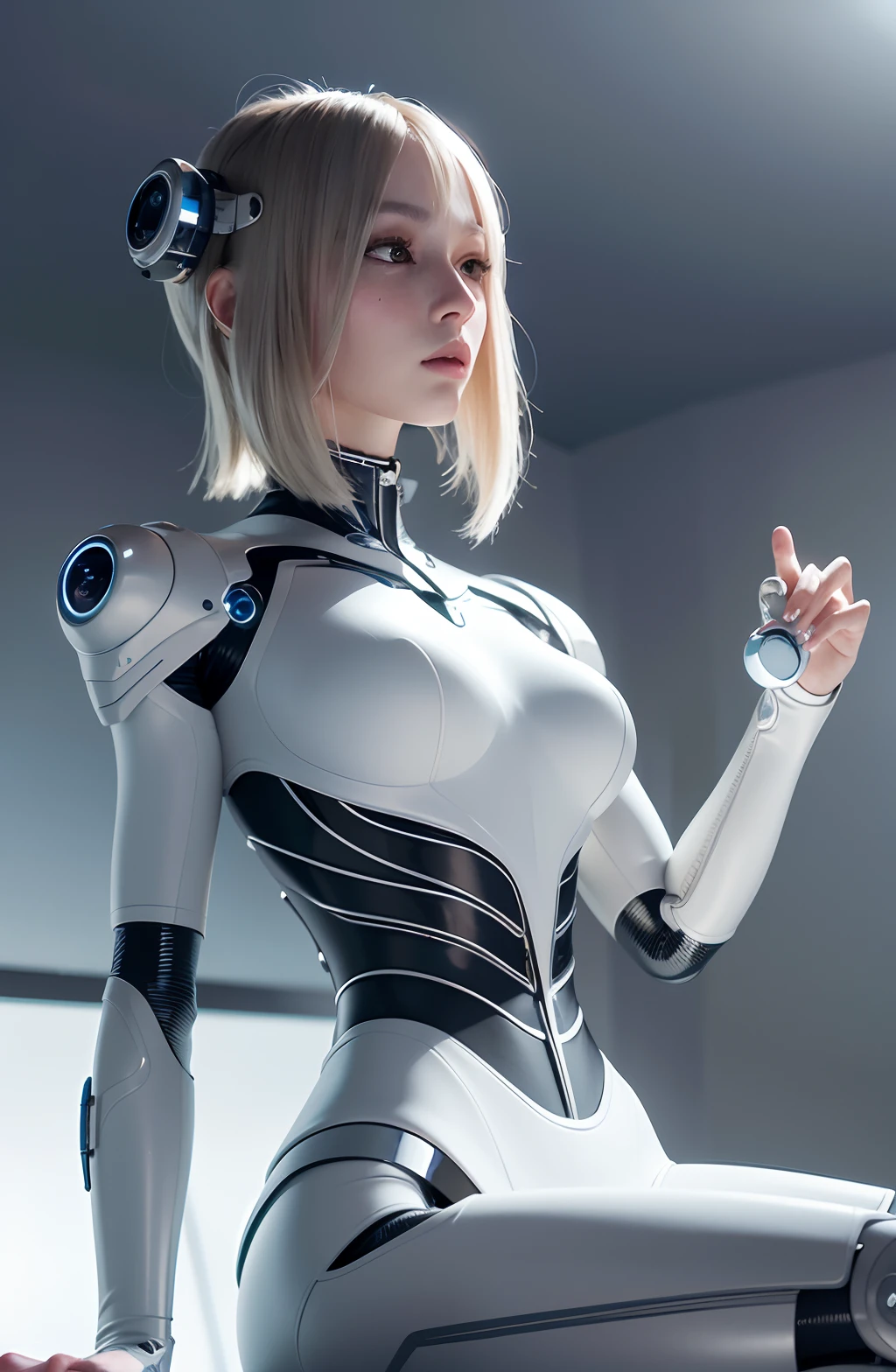 Make a human-like robot with breasts and short hair