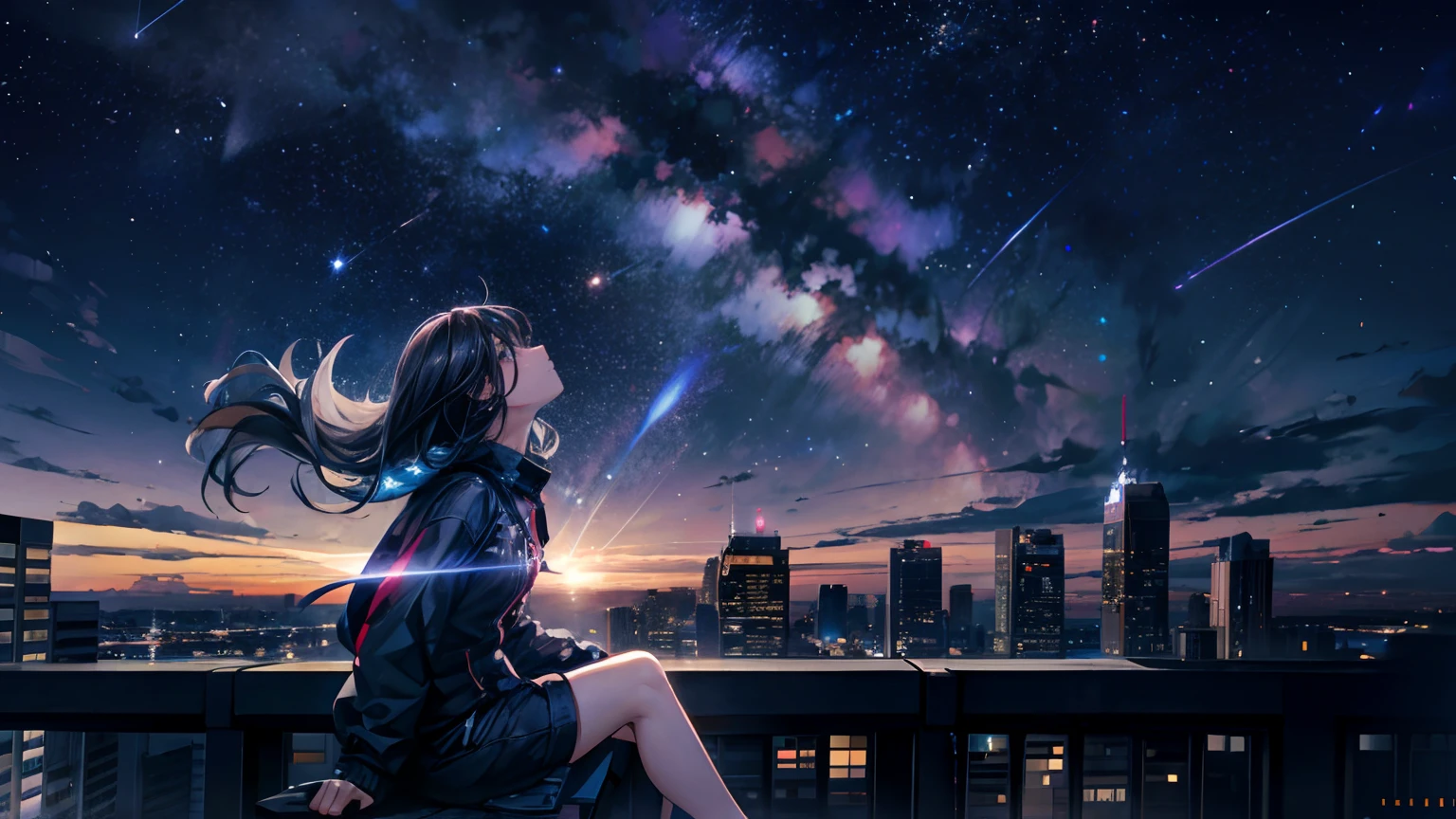 A girl is sitting on the balcony、A scene where you are wearing headphones and looking at the night view of the city。The girl is relaxing、Enjoying a quiet night。Stars shine in the night sky、The city lights stretch out in the distance。