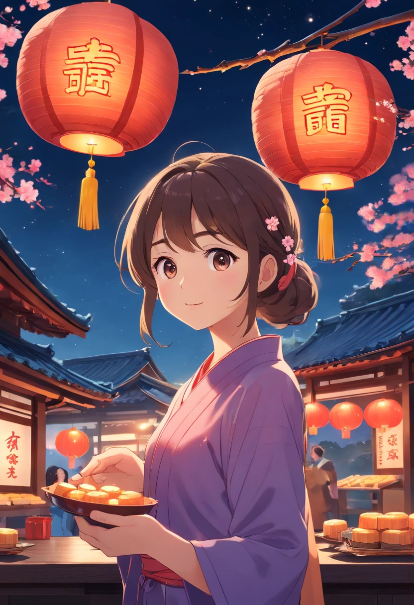 Delicious mooncakes,cinematic ligh,Complicated details,hyper-detailing,Ultra photo realsisim,8K UHD,Place on a blue and white porcelain plate,closeup cleavage,Leave a little space,adorable rabbit,Holding mooncakes,Admire the big moon,peach blossom,lanterns,mid-autumn festival