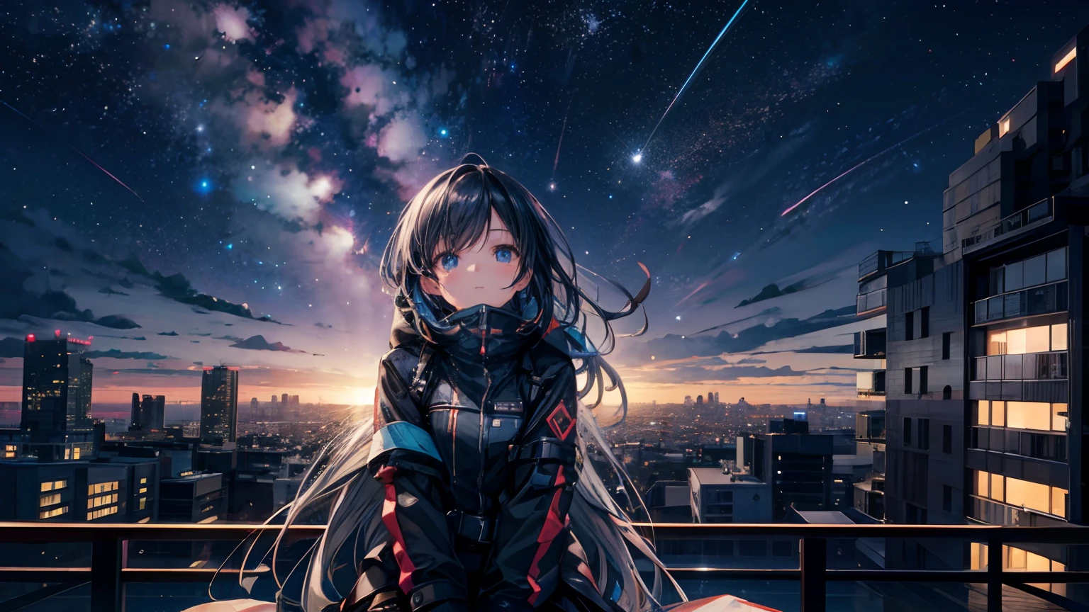 A woman sitting on a ledge looking at the sky with a city in the ...