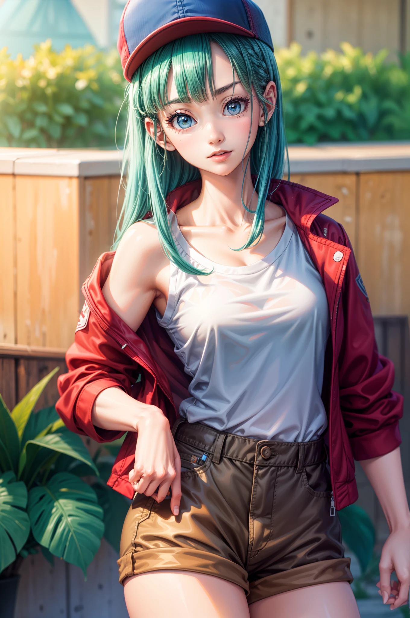 dragon ball, blmlong, bulma, aqua hair, long hair, shorts, brown shorts, baseball cap, red cap, red jacket, white shirt, medium breasts, cowboy shot, perfect eyes:1.2, detailed eyes:1.6, Ultra-realistic 8K CG, masterpiece, ((ultra-detailed background, delicate pattern, intricate details)), best quality, intricate details, 1girl, solo, (masterpiece:1.6, best quality)