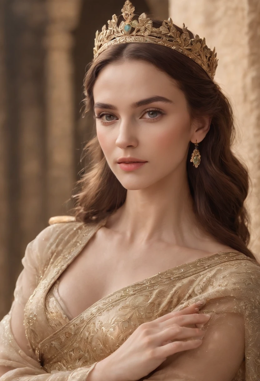 Queen goddess of olympians, with brown hair and brown eyes, is glossy-skinned, looks gorgeous and dignified, has high self-esteem, no dress no bra with jeweled belt, puts on an golden crown, is sitting on golden throne, is commanding servants, sexy Ancient greek palace, Peacocks, Greek mythology, splendid atmosphere, photorealistic, super high quality, super detail, ultra-accurate description of hands, masterpiece, 8K, HDR