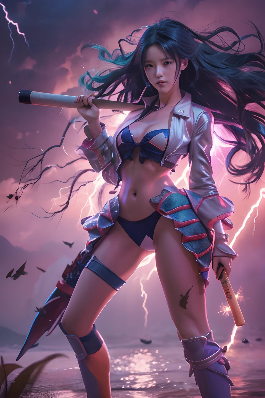 there is a woman in a bikini holding a baseball bat, nami from one piece, nami one piece, deviantart artstation cgscosiety, splashes of lightning behind her, epic digital art illustration, goddess of lightning, epic fantasy digital art style, epic fantasy digital art, 2. 5 d cgi anime fantasy artwork, mermaid cyborg with a laser whip, gorgeous young korean woman, inspired by Kim Deuk-sin, photo of slim girl model, sakimichan, thin waist, taejune kim