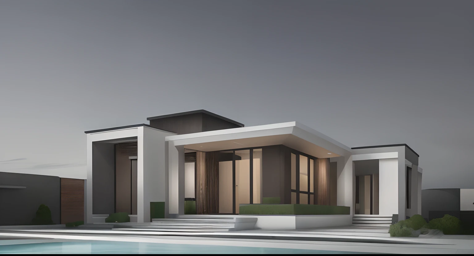 a view of a modern home with a large front yard, main material by white wall and stone and wood, 1 road runs in front of the house, (RAW photo, real, best quality, masterpiece:1.2), look morden minimalist, 1 road in front of the house, shime ring light, light brighteness from indoor:1.2, dynamic lighting:1.3, (hyper realistic, photo-realistic:1.2), high quality, day lighht, hight contrast :0.5 perfect lighting, archdaily, award winning contemporary, contemporary masterpiece, well-designed masterpiece, large modern residence, neotraditional modern, wide angle exterior 2022, midcentury modern, contemporary house, hip modern vibe, a long-shot from front, award winning modern design, stunning lines, residential, subtle detailing, more tree , gaden,(( super car ))