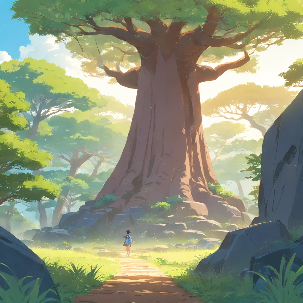 Background with: Draw a background inspired by the arid regions of Madagascar。You can draw landscapes such as deserts and grasslands。
Baobab tree: Draw two baobab trees。One is、The trunk is greatly swollen,、We draw a tree with leaves。The other one is、the trunk is thinner,、Draw a tree with few leaves。
Other elements: for the background、Draw animals, birds, and other creatures。pure、Under the baobab tree、Draw plants such as rocks and grass。