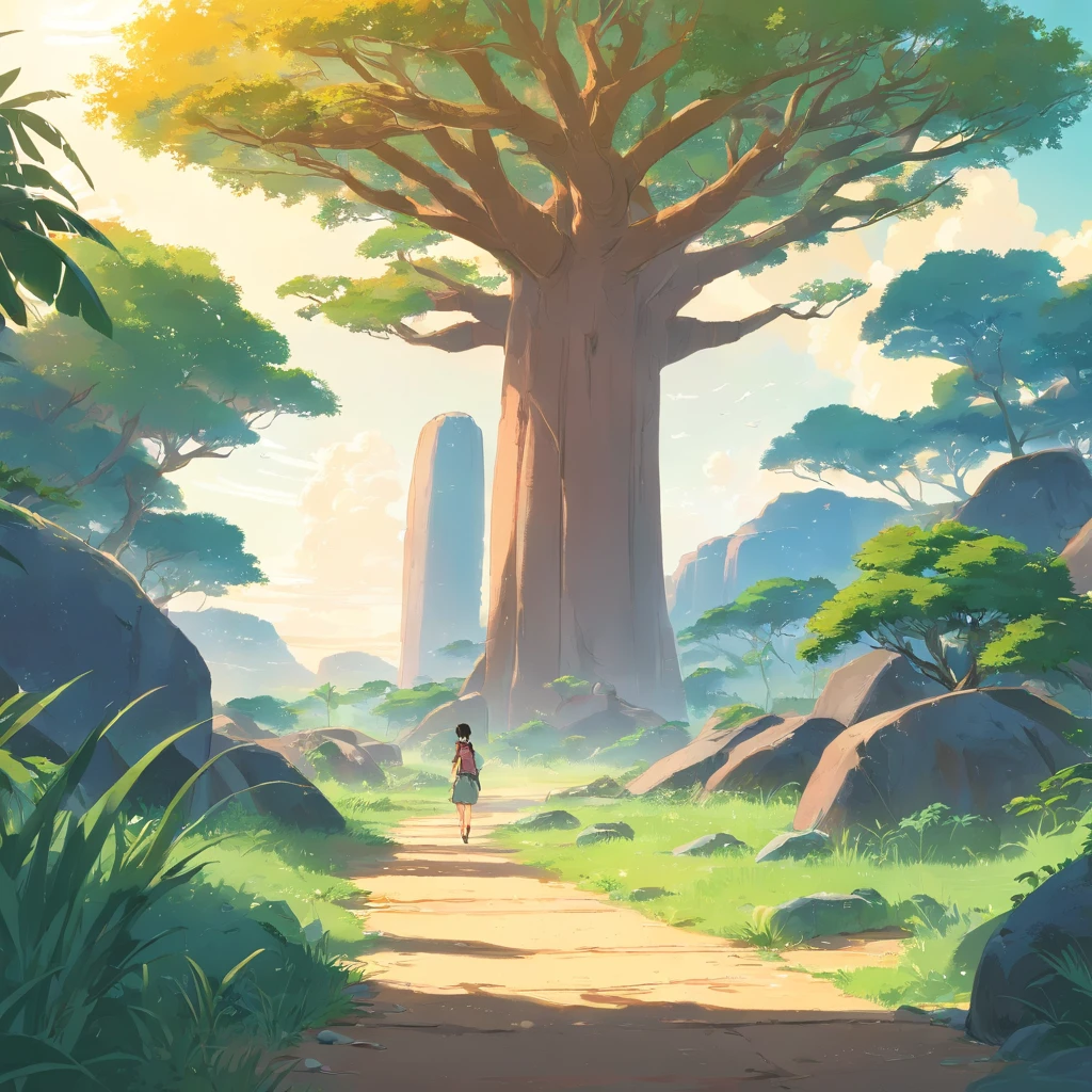 Background with: Draw a background inspired by the arid regions of Madagascar。You can draw landscapes such as deserts and grasslands。
Baobab tree: Draw two baobab trees。One is、The trunk is greatly swollen,、We draw a tree with leaves。The other one is、the trunk is thinner,、Draw a tree with few leaves。
Other elements: for the background、Draw animals, birds, and other creatures。pure、Under the baobab tree、Draw plants such as rocks and grass。
