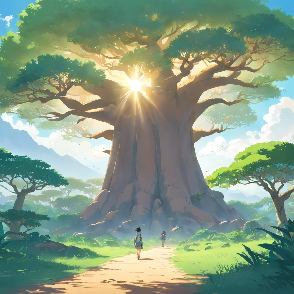 Background with: Draw a background inspired by the arid regions of Madagascar。You can draw landscapes such as deserts and grasslands。
Baobab tree: Draw two baobab trees。One is、The trunk is greatly swollen,、We draw a tree with leaves。The other one is、the trunk is thinner,、Draw a tree with few leaves。
Other elements: for the background、Draw animals, birds, and other creatures。pure、Under the baobab tree、Draw plants such as rocks and grass。
