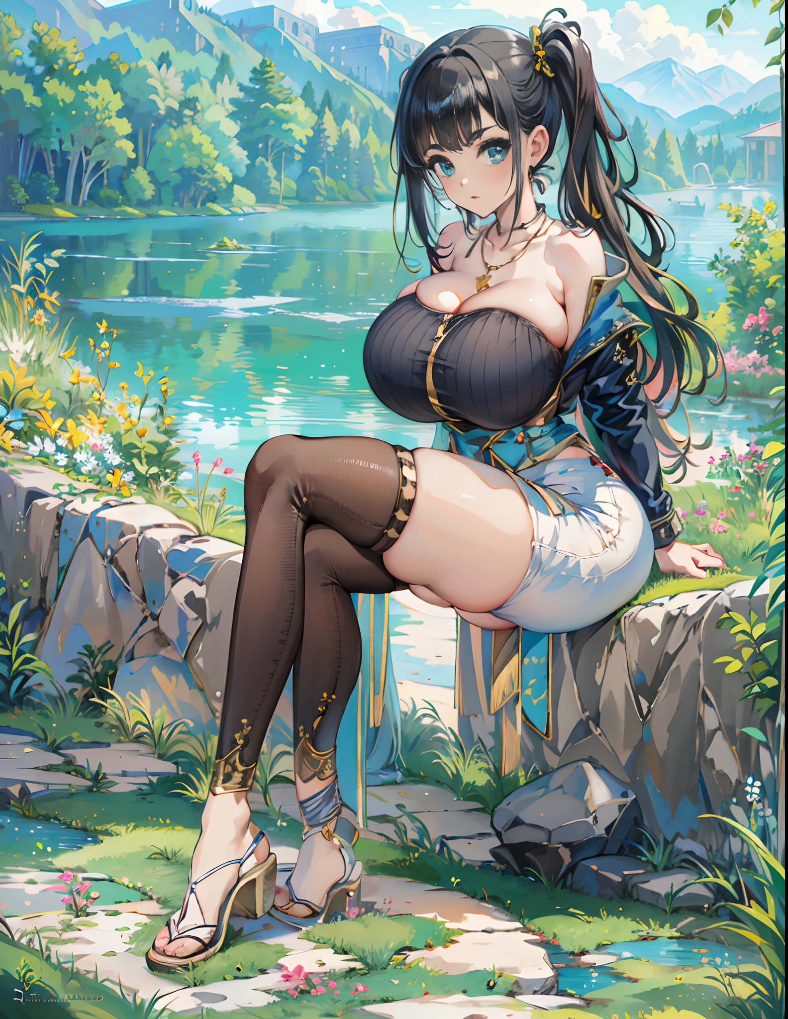 (masterpiece, top quality, best quality, official art, beautiful and aesthetic:1.2), masterpiece, best quality, 1girl, with a edgHimeCut hairstyle, blunt bangs, bangs, lake, nature, stone walkway, full body, jeans, bare shoulders, blue shirt, necklace, crossed arms, from side, (large boobs:1.3),erected tits , Masterpiece, milf, onegai teacher, curvy, juicy cameltoe,