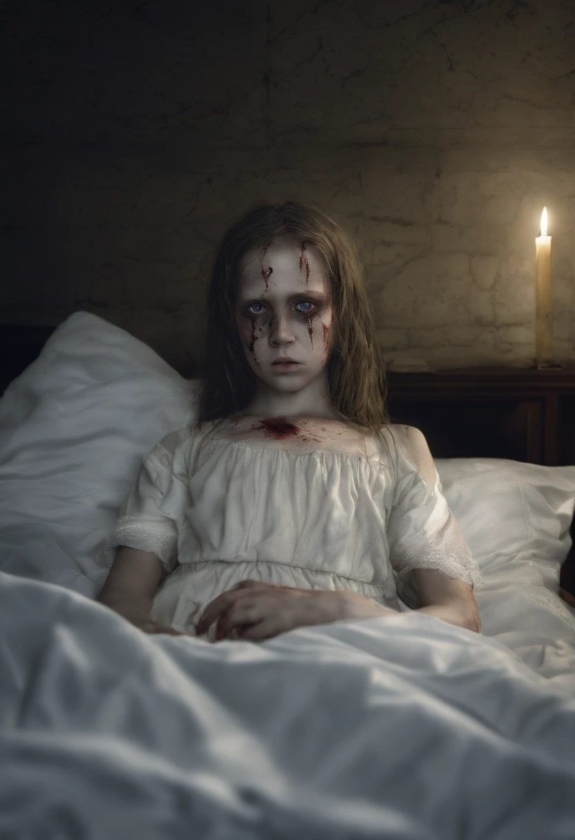exorcist, European, 10-year-old American girl possessed by demons, on the beds, Yellow eyes, yellow pupils, Arms tied to bed, Leg seat, Girl in a whitish camisole, Self-inflicted scars on the face or body, Girl opens mouth wide, wrinkles between eyebrows, growl in the form of a devil, Childish face, Beautiful European Girl, Various hairstyles (Photo Real: 1. 4), Shot with Canon 5D MK4, Shot with Canon EOS 5 D Mark IV, Shot with Canon EOA 6 D Mark II, Very detailed face and skin texture, Detailed eyes, Double eyelids, Face-to-face configuration, Various poses, (8K (8K, The highest image quality, masutepiece: 1.2), (Realistic, Photorealistic: 1.37) Super Detail, One girl, Bruised body, pale skin tone, Dark room, Candles on the shelves, Beyond the Wall,  skin and clothes, Blood-stained sheet, Veins floating on the face, 