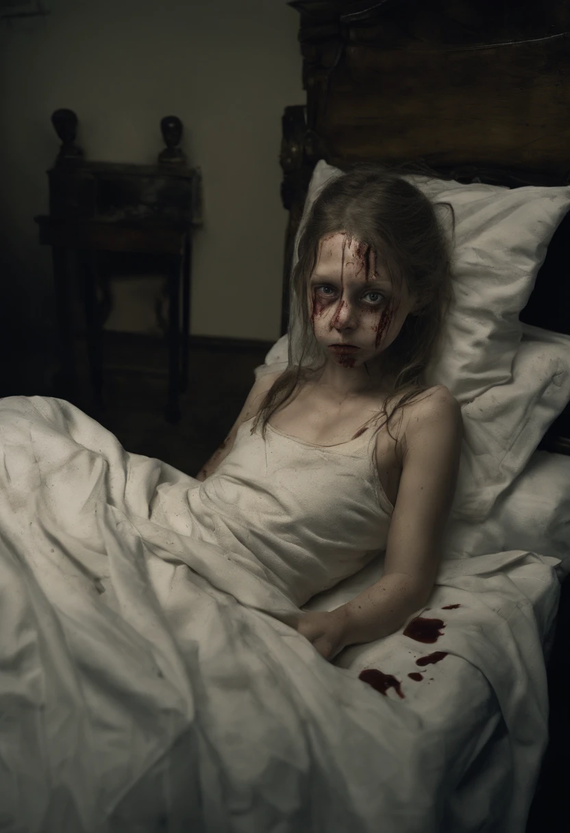 exorcist, European, -yeld Amcan girl possessed by demons, on the beds, Yellow eyes, yellow pupils, Arms tied to bed, Leg seat, Girl in a whitish camisole, Self-inflicted scars on the face or body, Girl opens mouth wide, wrinkles between eyebrows, growl in the form of a devil, Childish face, Beautiful European Girl, Various hairstyles (Photo Real: 1. 4), Shot with Canon 5D MK4, Shot with Canon EOS 5 D Mark IV, Shot with Canon EOA 6 D Mark II, Very detailed face and skin texture, Detailed eyes, Double eyelids, Face-to-face configuration, Various poses, (8K (8K, The highest image quality, masutepiece: 1.2), (Realistic, Photorealistic: 1.37) Super Detail, One girl, Bruised body, pale skin tone, Dark room, Candles on the shelves, Beyond the Wall, Dirty skin and clothes, Blood-stained sheet, Veins floating on the face, Naked