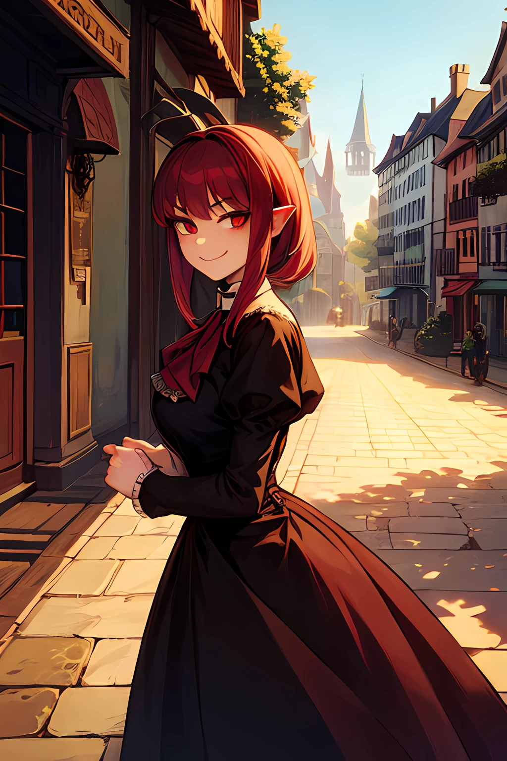 1 vampire girl, reptile, fantasy, Victorian, village, maroon hair, smug,cute