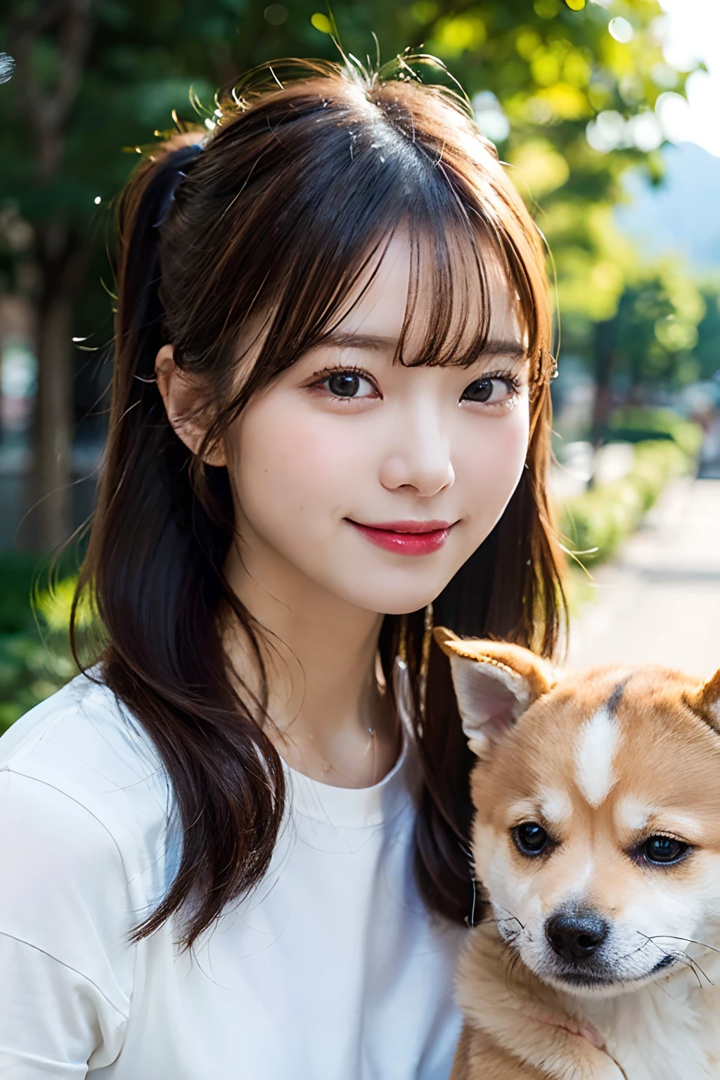 Flowing with crystal clear water,beautiful mountain in background々,(Girl taking a walk with a puppy:1.3),(Shiba dog:1.3),Have a lead,Very Big White T-Shirt,Cargo pants, gently smiling、(beautiful a girl)、(short hair of red-brown color、hair pin、poneyTail、Floating hair、)Colossal tits、A smile that beguiles the viewer、Look into the photographer、skin glistening with sweat、gazing at viewer,pointed red mouth,Perfect round face,,Proper body proportion,Intricate details,Very delicate and beautiful hair,photos realistic,Dreamy,Professional Lighting,realistic shadow,Beautiful hands,Beautiful fingers,Detailed finger features,Detailed arm functions,detailed clothes features,Detailed hair features,detailed facial features,(masutepiece,top-quality,Ultra-high resolution output image,) ,(The 8k quality,),(Image Mode Ultra HD,)