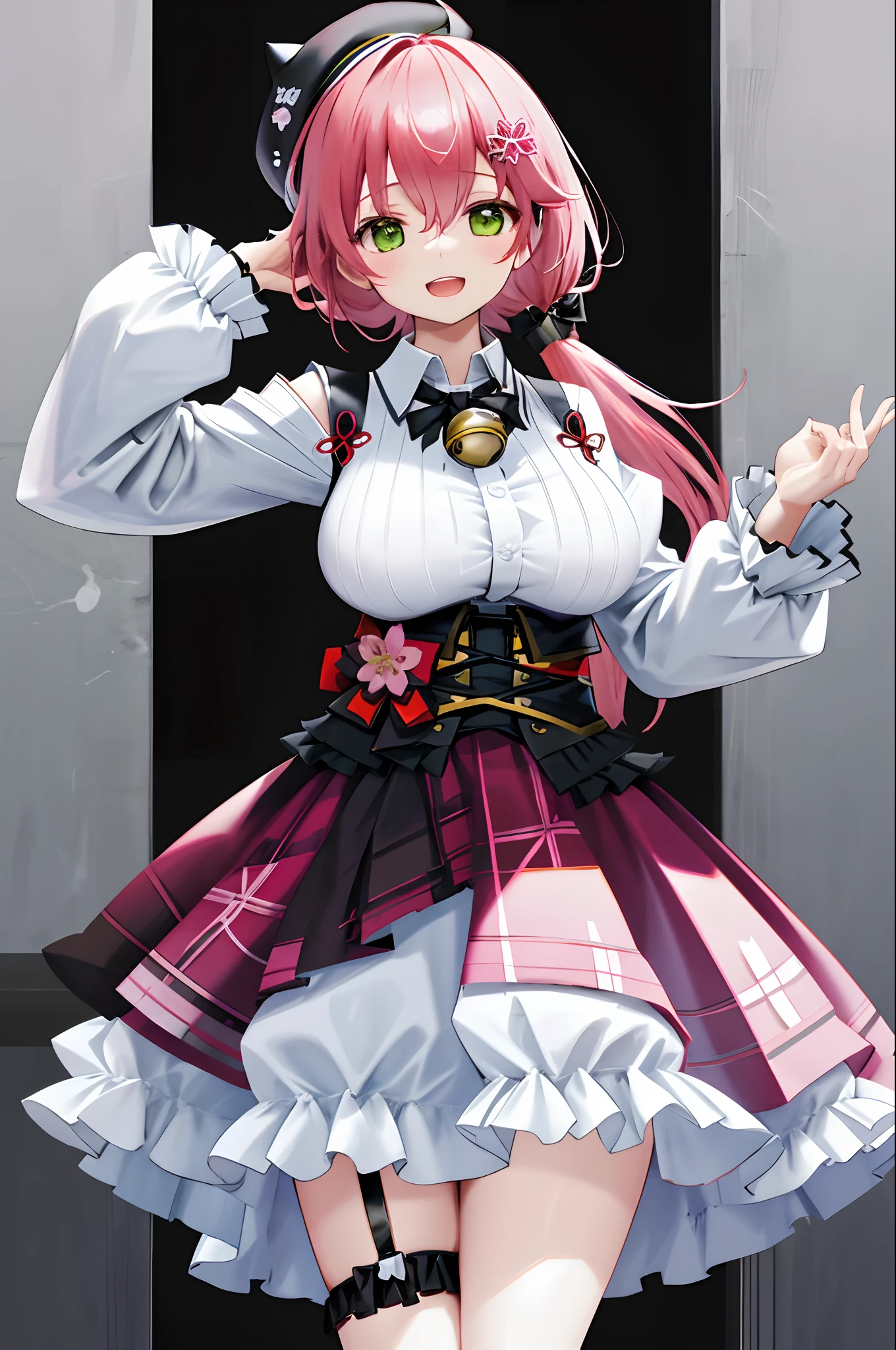 masutepiece, Best_Quality, hight_resolution, miko2,Ponytail, 1girl, Green eyes, Ahoge, black headwear, Hair Ornament, White shirt, black thighhighs, Pink hair, Red_skirt, very_short_skirt, plaid skirts, garter_strap, Collared shirt, hair clips, frilld, Bangs, hair between eye, frills skirt, beret, Pleated skirt, Hair Flower, Neck bell, , puffy long sleeves, Black bow, Underbust, Cowboy Shot,Smile, (gigantic_breasts:1.3),covered_nipples, covered_pussy,closed_eyes, happy, childlike_posing,spread_legs,sleepy,(smile:1.2),plump,open_mouth,