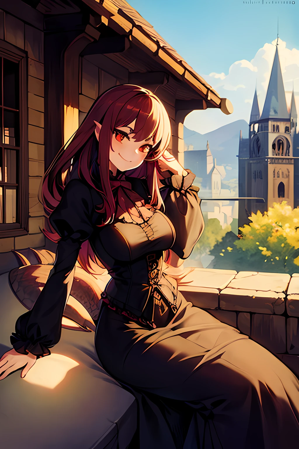 1 vampire girl, reptile, fantasy, Victorian, village, maroon hair, smug,cute
