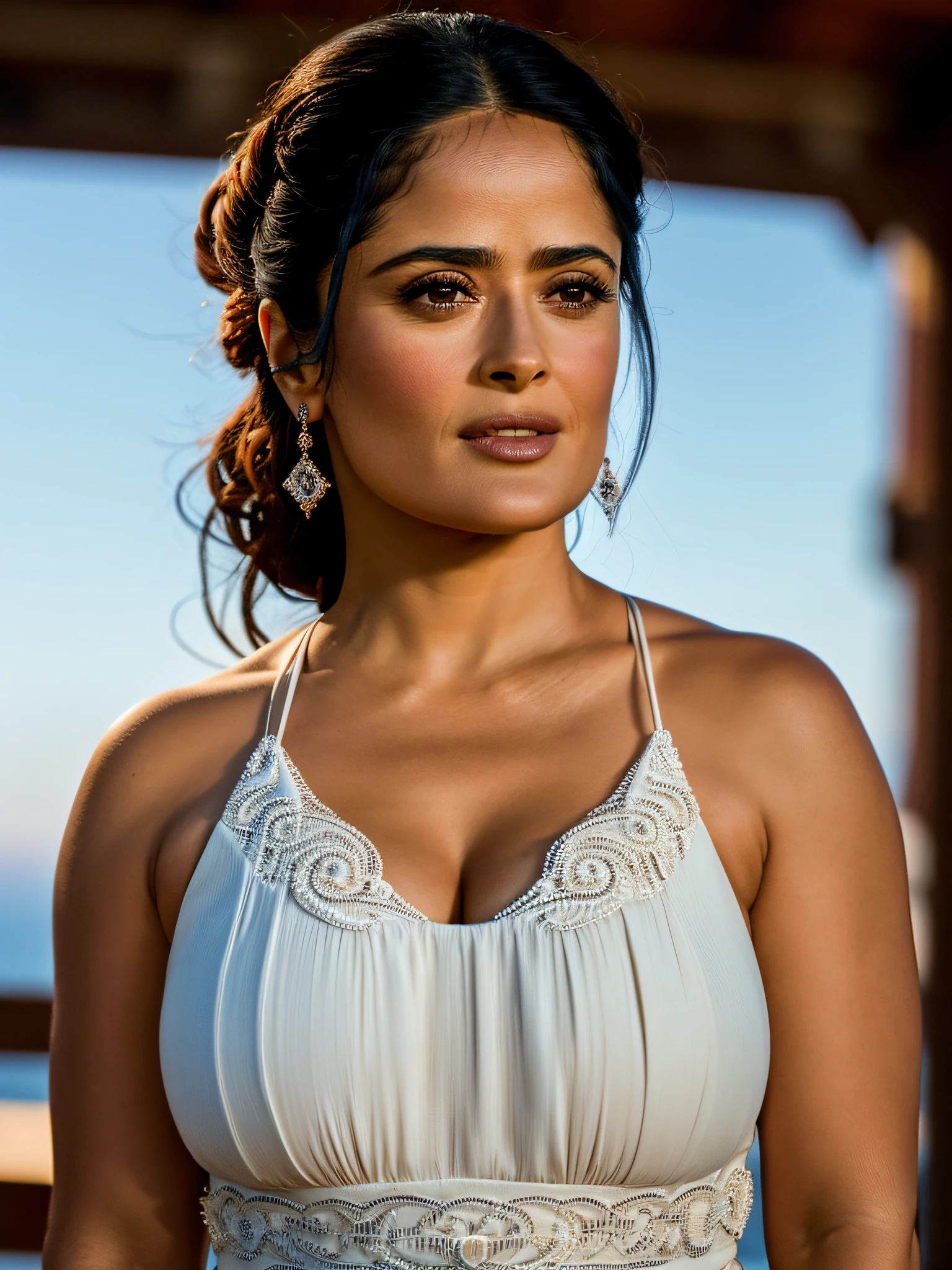 ((realism)), extremely high quality RAW photograph, detailed background, intricate, Exquisite details and textures, highly detailed, Photo of (Salma Hayek), Looking behind the camera, ultra detailed photograph, warm lighting, artstation, 4k, sharp focus, high resolution, detailed skin, detailed eyes, 8k uhd, dslr, low harsh lighting, high quality, film grain, Fujifilm XT3,