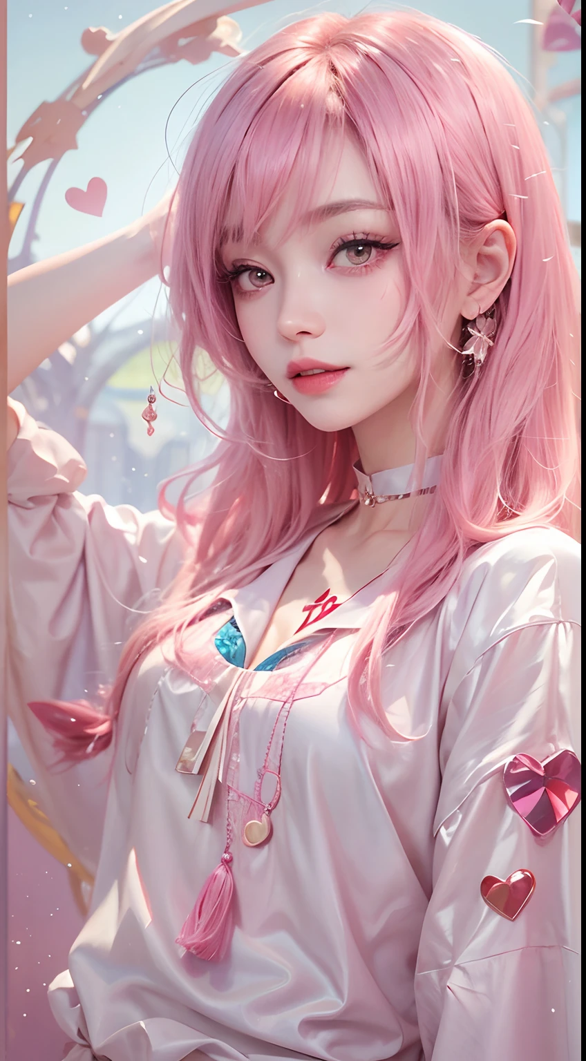1girll,（Captivating quality：1.4），（True textured skins of the highest quality), Delicate face,Pink twin-tailed hair, Gradient Hair, （perfect bodies：1.1）,，long eyelasher,grin, hyperphotorealism, Cinematic lighting, projected inset, surrealism, hyper HD, masutepiece, 16 K，Lie down，Dream On，Please wear clear silk pajamas,Carmelto,legs slightly open，tattooed，Fantasy space，Luxurious space