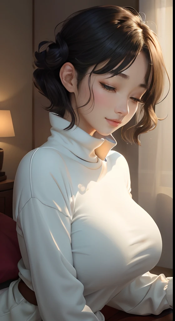 masutepiece, Best Quality、Realistic, ( Intricate details, depth of fields)、Hyper-Realism, 8K, Best Quality, Super Detail, retinas, ighly detailed, Perfect face, Perfect body, Huge breasts, Constriction, Very big ass, Glamour, indirect lighting, hair wavy、Shorthair、prety woman,A dark-haired、goddess of Japan、 the perfect appearance, Smile, ta, Oily skin、shinny skin、indirect lighting, Anatomically correct、Skin texture、Full body
Woman in sweatshirt made of soft material、Imagine lying in bed。She closed her eyes and took a deep breath..、Relaxing。Bedroom environment、Creates warm lighting。