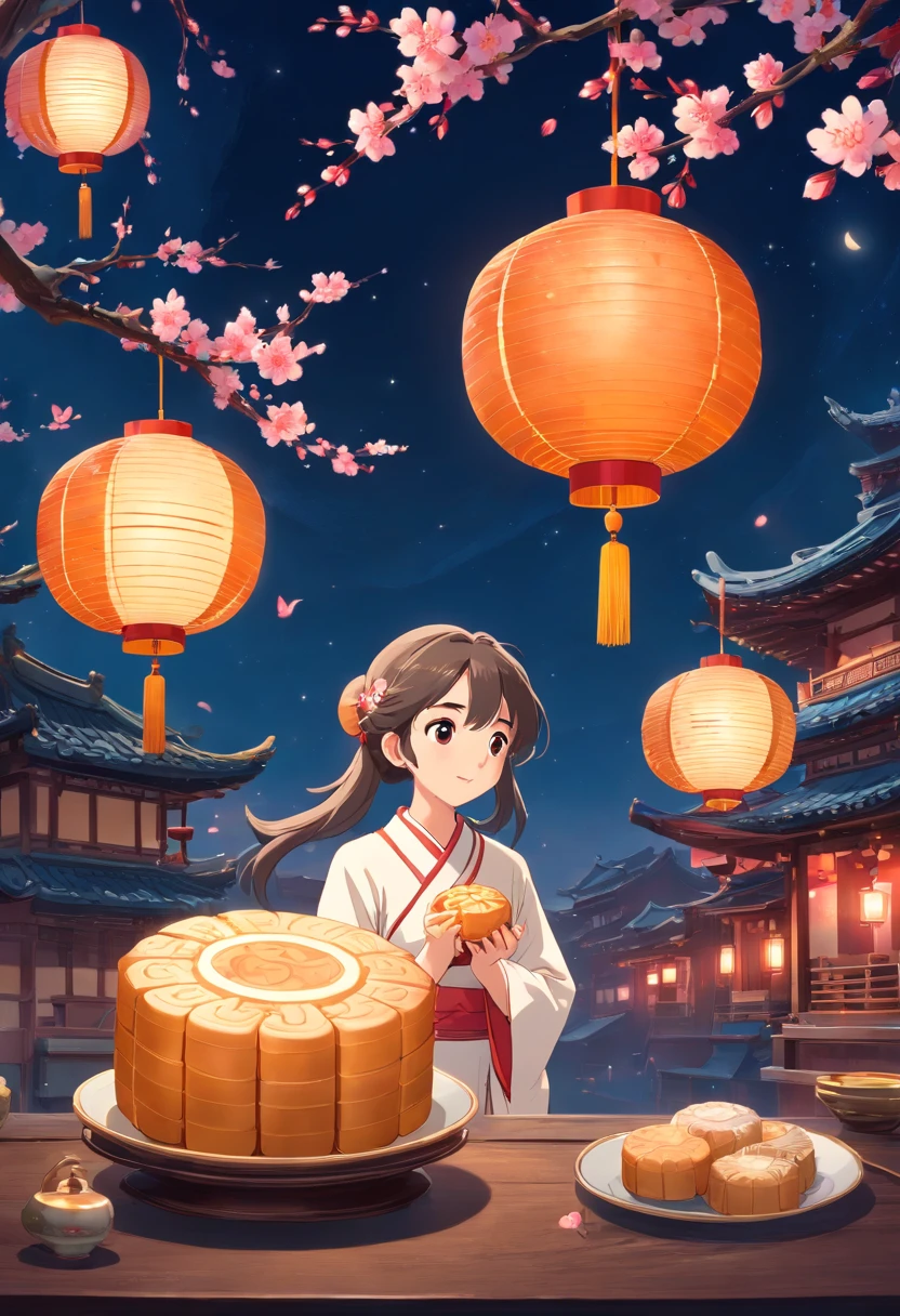 Delicious mooncakes，cinematic ligh，Complicated details，hyper-detailing，Ultra photo realsisim，8K UHD，Place on a blue and white porcelain plate，closeup cleavage，Leave a little space，adorable rabbit，Holding mooncakes，Admire the big moon，peach blossom，lanterns，mid-autumn festival