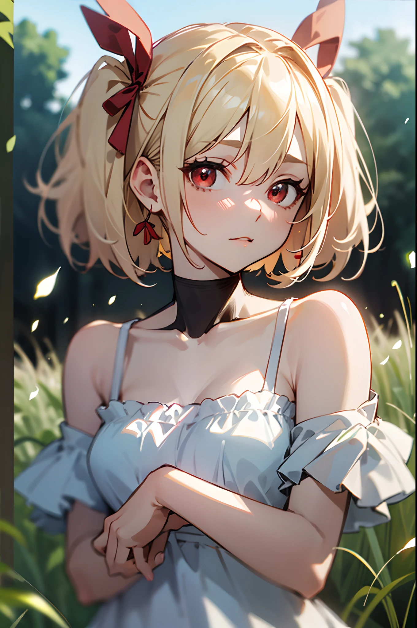 Chisatoniki, Chisato, Short hair, Bangs, Blonde hair, (Red Eyes:1.5), Hair Ribbon, One side up, bob cuts,
BREAK shirt, Bare shoulders, Twin-tailed, 鎖骨, Hair Ribbon, White shirt, frilld, off shoulders, Red Ribbon, short twintails, off shoulder shirt, frill shirt,
BREAK outdoors, grass field,
BREAK looking at viewer, BREAK (masutepiece:1.2), Best Quality, High resolution, Unity 8k壁纸, (Illustration:0.8), (Beautiful detailed eyes:1.6), extra detailed face, Perfect Lighting, extremely details CG, (Perfect hands, Perfect Anatomy),
