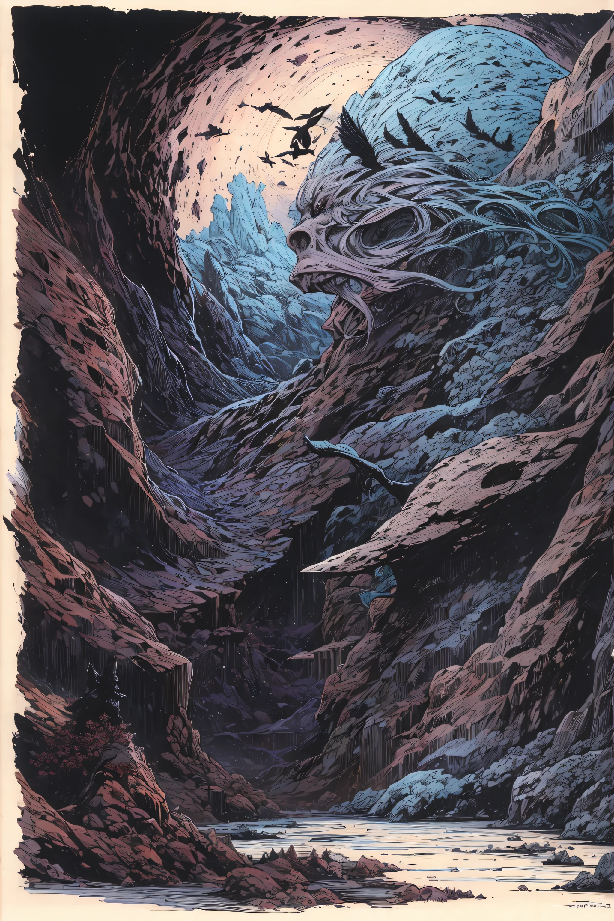 Cold scenario, darkly, death, Odin, fantasy creature, Scary creature, rocks, Dry, Dead Tree, mountain, Wallace, mist, spectral, Magic, Scary, Crows, intimidating, Inposing, superior, an artistic, Clouds, The Scary Way, Danger, ombre, dynamic, rich composition, Intricate, Detailed, shelter, landscape, Sketch, Incredibly beautiful sky, stars in thr sky, Scavengers, bloods, red fluid,
