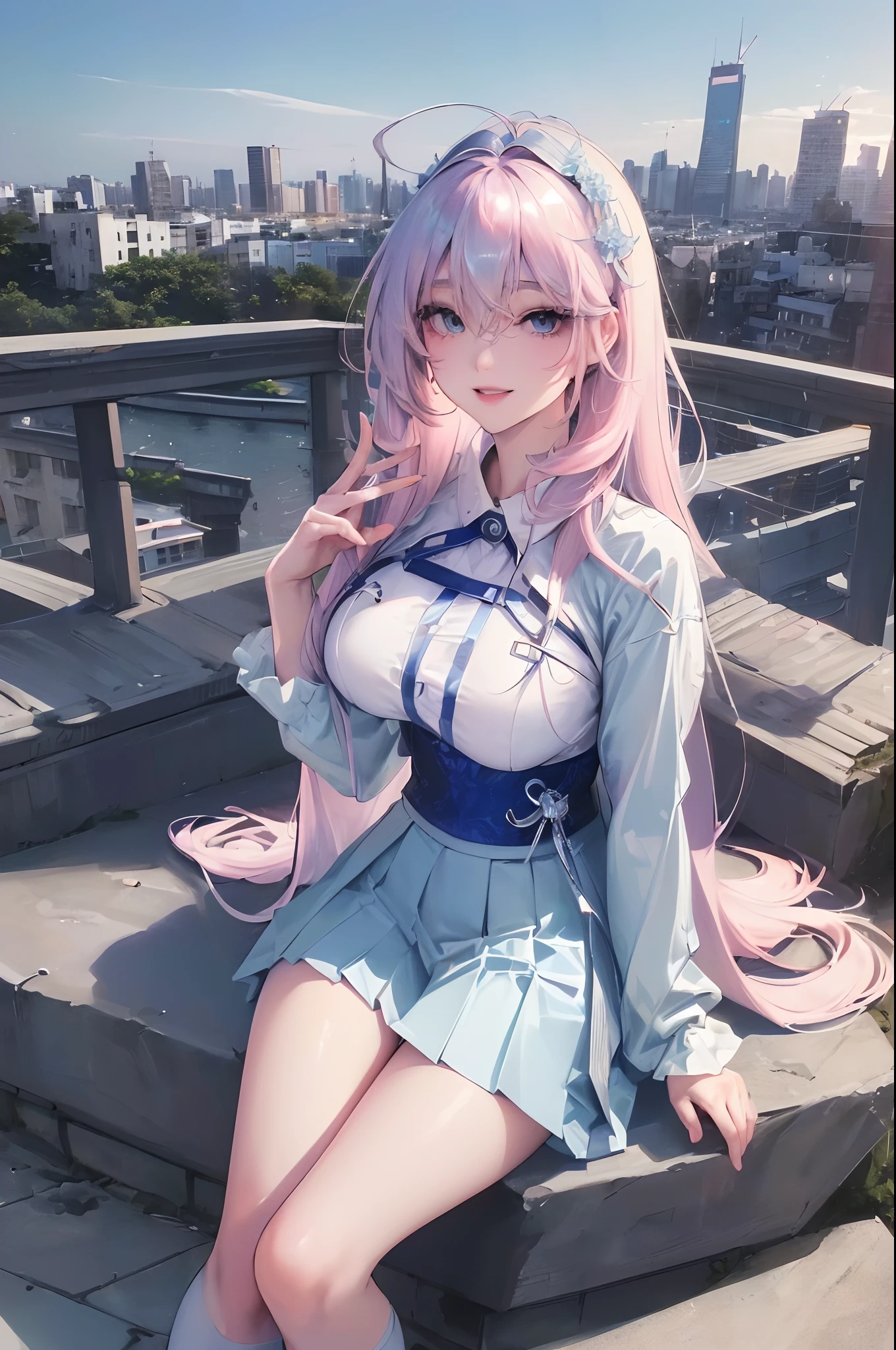 official art, masterpiece, sharp focus, (beautiful gorgeous cute korean woman:1.3), (beautiful cute korean woman:1.3), korean beauty, delicate and beautiful hair and eyes and face, realistic, super detailed, beauty girl, blue sky, glow white particles, (side light: 1.2), sunshine, white clouds, fine clouds, slender, pretty breasts and big buttocks, smile with teeth, ((laugh with eyes, open both eyes )), scenery, long straight hair, sexy look, buildings, (cityscape: 1.7), dynamic hair, long straight hair, detailed platinum pink hair, sparkling blue eyes, (blue pleated shirt + white skirt) , white long socks, white skin, hair ornaments, magnificent scenery,