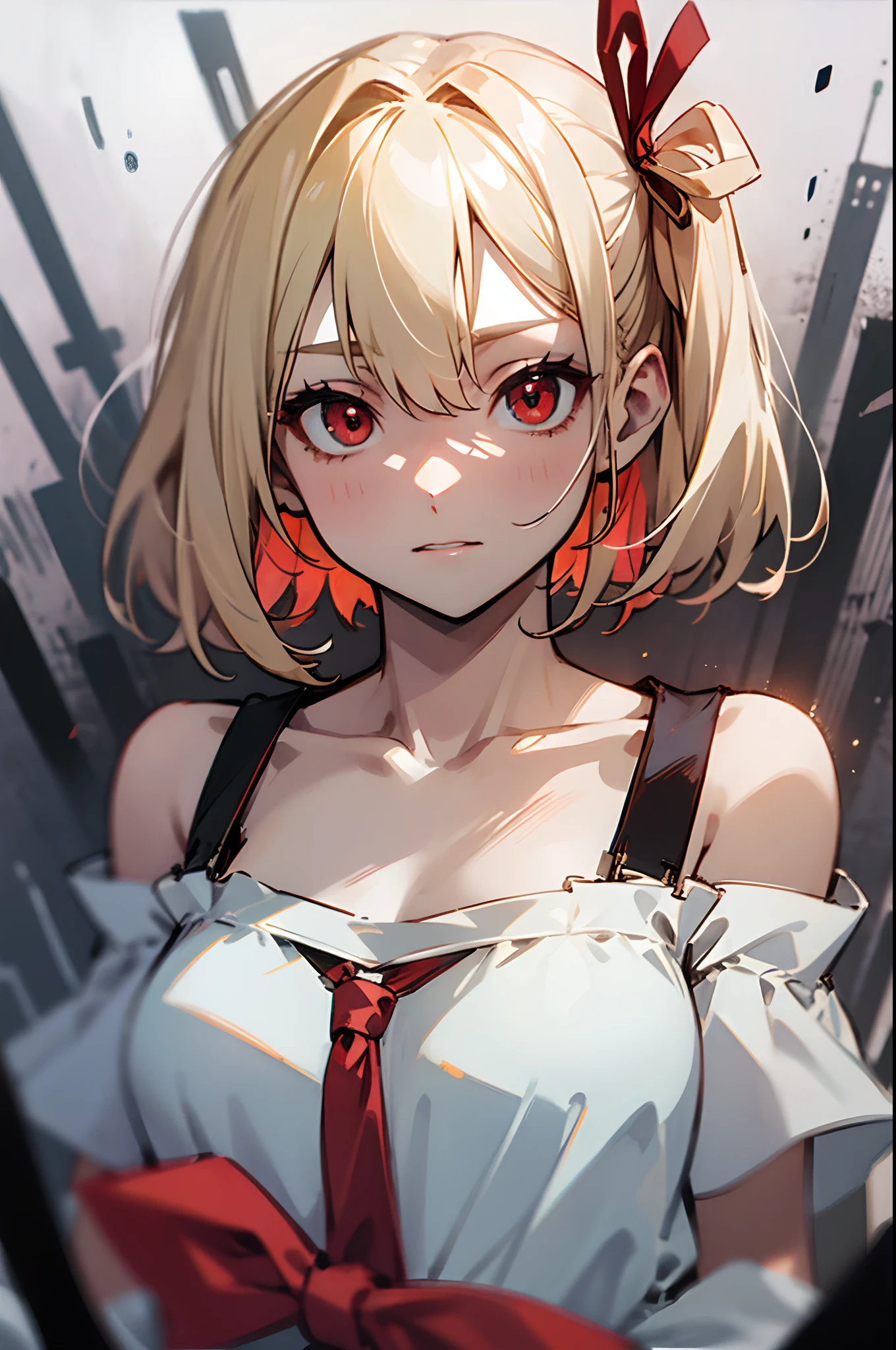 Chisatoniki, Chisato, Short hair, Bangs, Blonde hair, (Red Eyes:1.5), Hair Ribbon, One side up, bob cuts,
BREAK  shirt, Bare shoulders, Twin-tailed, 鎖骨, Hair Ribbon, White shirt, frilld, off shoulders, Red Ribbon, short twintails, off shoulder shirt, frill shirt,
BREAK outdoors, grass field，
BREAK looking at viewer, BREAK (masutepiece:1.2), Best Quality, High resolution, Unity 8k壁纸, (Illustration:0.8), (Beautiful detailed eyes:1.6), extra detailed face, Perfect Lighting, extremely details CG, (Perfect hands, Perfect Anatomy),