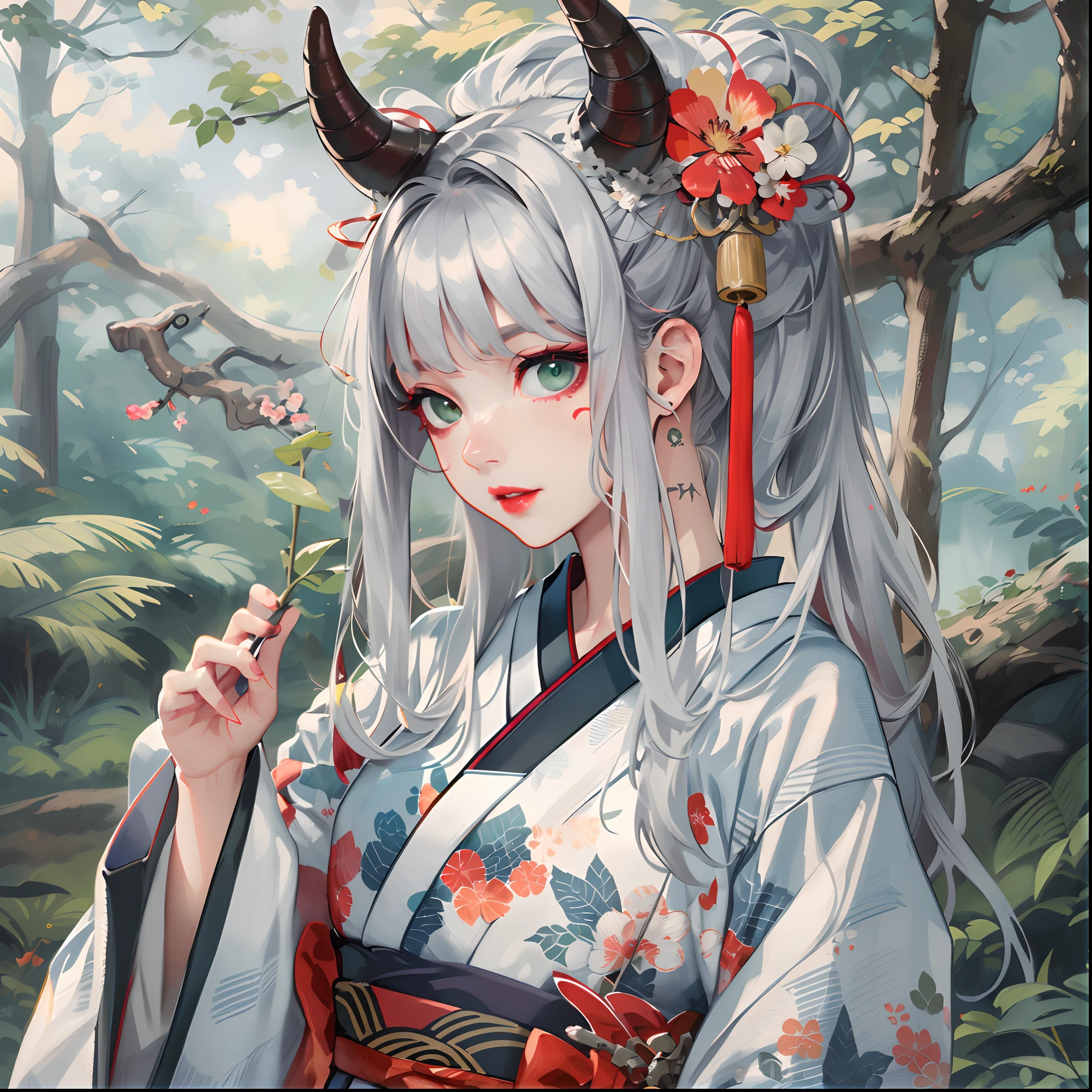 best quality, highly detailed beautiful face and eye, (1girl, solo), (li, 16ld), kimono, (silver straight hair, hair ribbon), demon horns, light green eyes, red lip, floral tattoo on face, earnest expression, forest, face focus