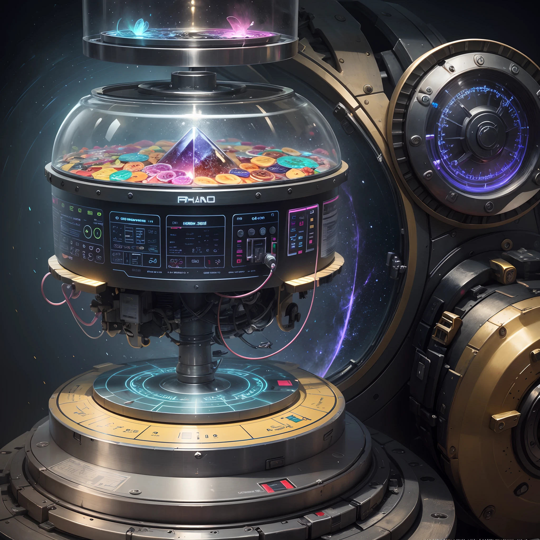 A Fantasy Profitable Product Ideas Machine, The machine features a transparent dome made of a special glass that shimmers with rainbow colors when in operation, creating a magical aura around it, Instead of physical buttons, the machine has holographic touch panels that float in the air and respond to users' touch with a sensation of "touching the air.", Gold elements and magical gems adorn the machine, giving it a luxurious and mysterious appearance, realistic, 4k --auto --s2