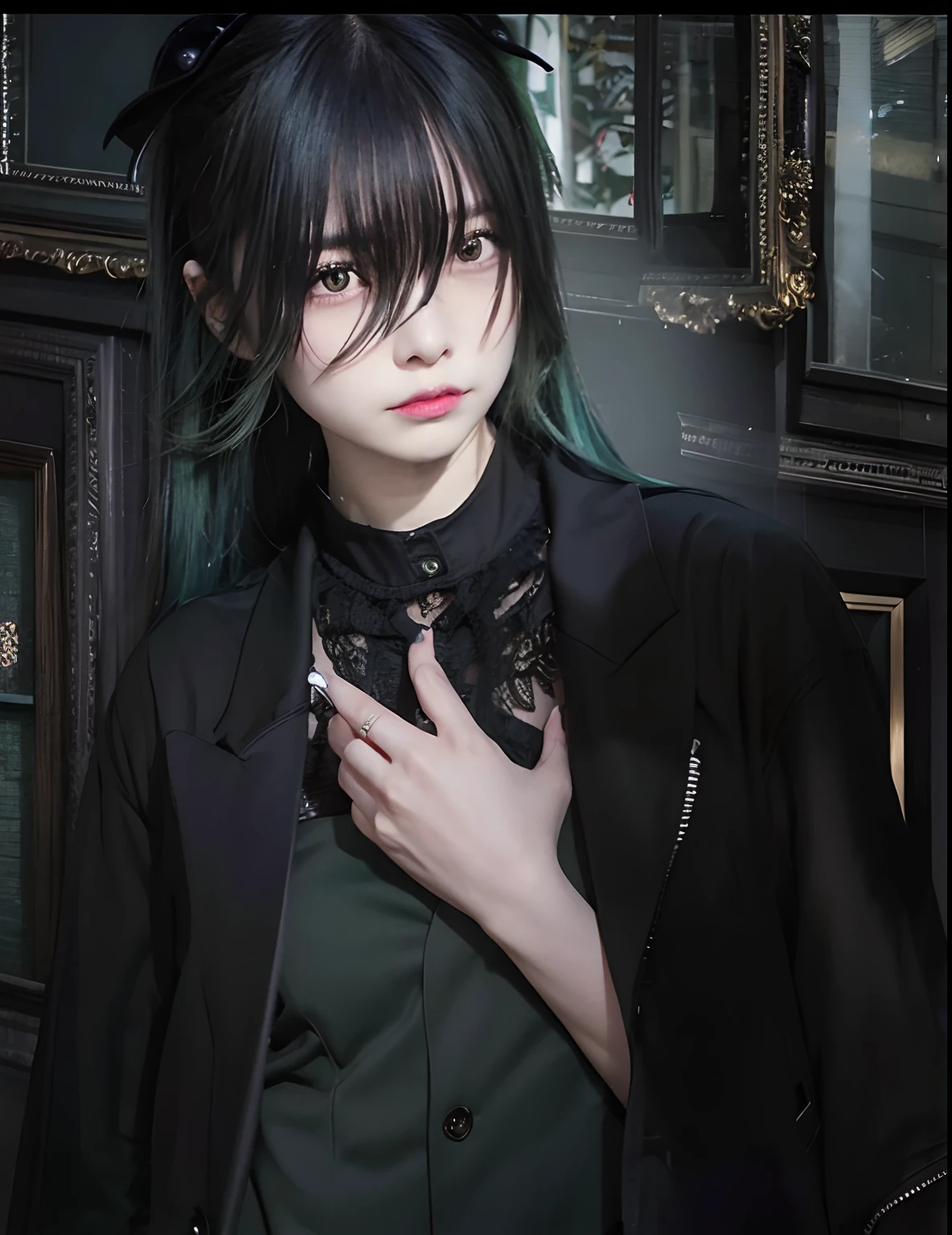 1,girl,green hair,black Cat,realistic,ultra detail