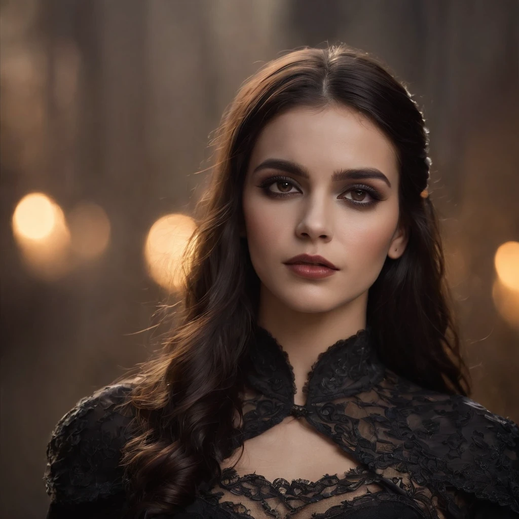 (melhor qualidade,Altas,ultra-detalhado),Dark and mysterious girl with black eyes and symbolic Gothic clothes,arame farpado cobrindo seu corpo,Cabelo castanho longo escuro,fios cinzentos nas extremidades,Retratos,foco nítido,profissional,Bokeh,dramatic lighting,paleta de cores escura e mal-humorada