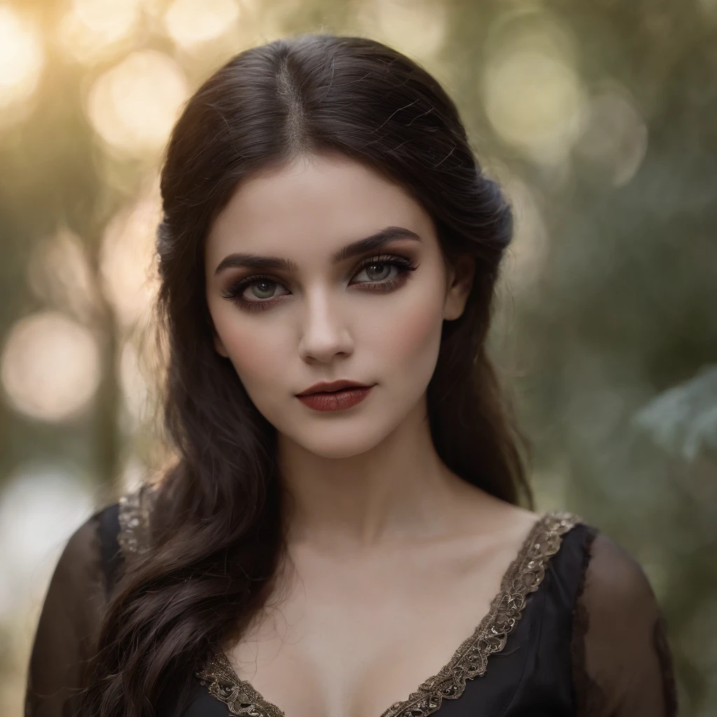(melhor qualidade,Altas,ultra-detalhado),Dark and mysterious girl with black eyes and symbolic Gothic clothes,arame farpado cobrindo seu corpo,Cabelo castanho longo escuro,fios cinzentos nas extremidades,Retratos,foco nítido,profissional,Bokeh,dramatic lighting,paleta de cores escura e mal-humorada