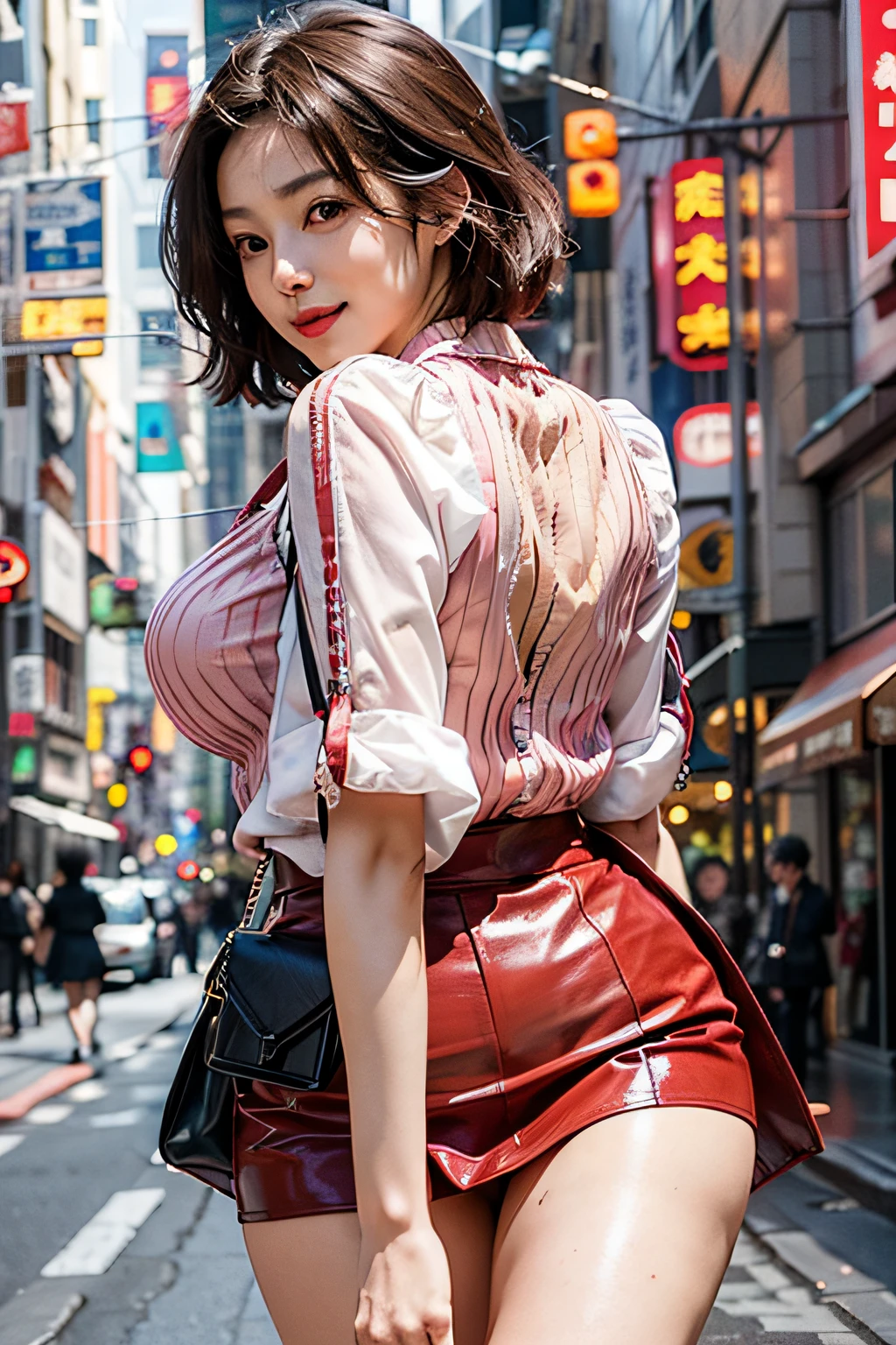 1 Beautiful Japan Woman, Mature, prostitute, Detail Eyes, 二重まぶた, Brown eyes, Red lips, Huge breasts, Purple see-through blouse, Red mini skirt, Charming smile, Sheer Pink Shorthair, the city street, thighs thighs thighs thighs, Front view, Perfect Anatomy, Best Quality, Ultra High Resolution, masutepiece, Photorealistic:1.3