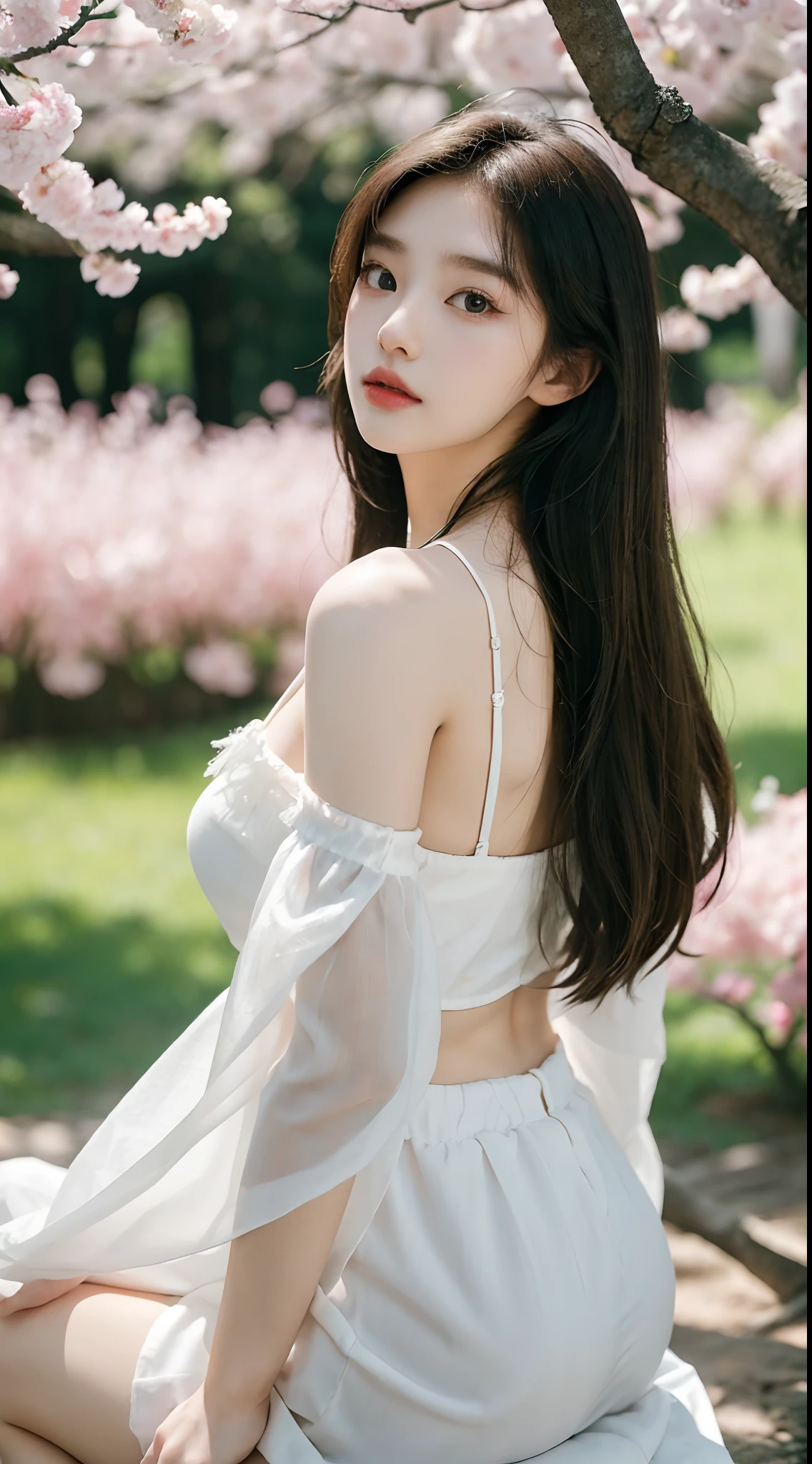 (Best quality, Masterpiece,16k), 1girll, Korean girl,18yr old,Absolutely beautiful, Amazing, In the park,Under the peach blossoms,Noble,perfect bodies, Perfect face shape,Charming eyes,Bright big eyes,二重まぶた,Long eyelashes,sensual lip,White skin,The gauze skirt flew up,Very real,goodlooking,Ethereal beauty