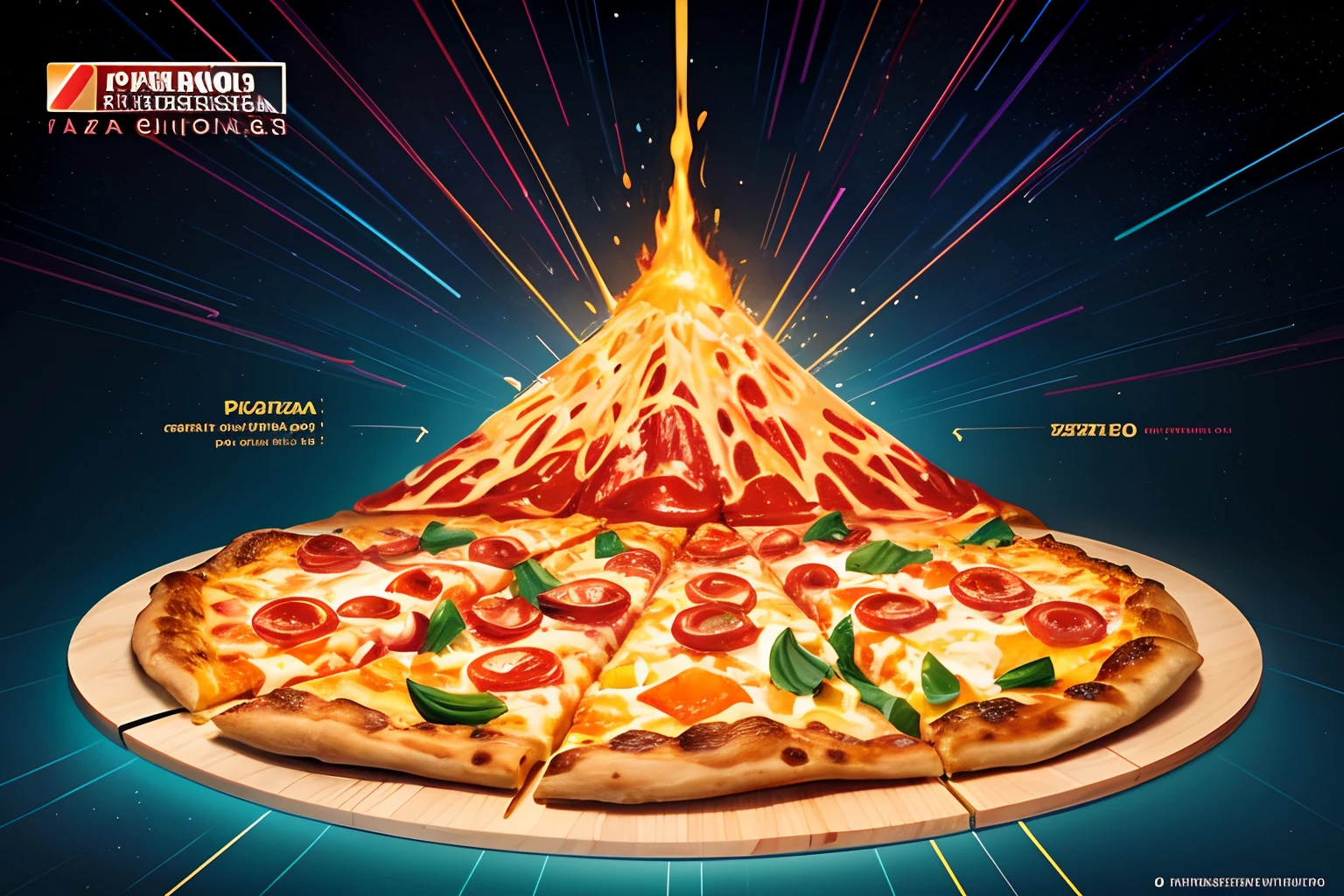 pizza volcano erupting, shining pizza, cheese, bacon, vegetables, scattering, universe background, isometric, schematic diagram