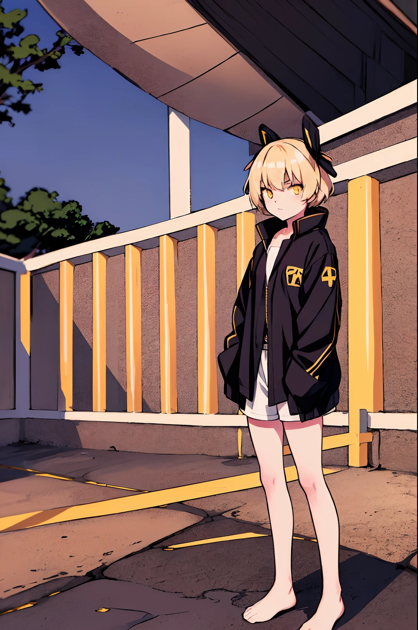 1 girl, young girl, 14yo, solo, small breasts, pale skin, ((serious look, expressionless)), Japanese house in background, (black jacket, beige short trousers), (blonde hair, short hair, red and yellow eyes, blue ribbon, hair ribbon), cold colours, looking at viewer, standing