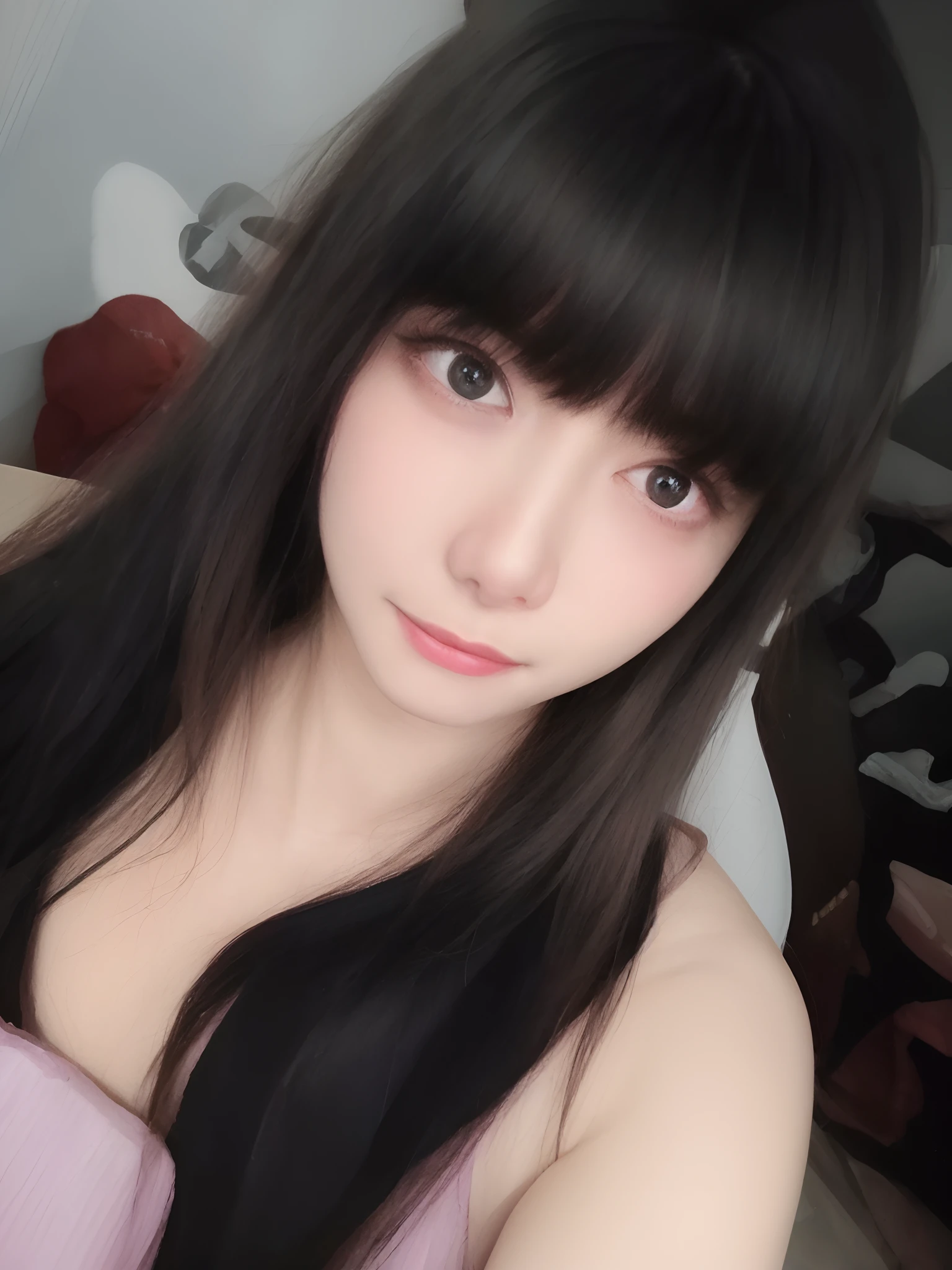 highest quality、8k、32k、masterpiece、Hmph:1.2)、One Girl、One Girl、Black-haired、Heavy bangs、Long sleeve shirt、Hair length、Very long hair、In the back alley、Focus on the face、Focus on the face、Focus on the face,nsfw,(nipple slip), Mid-chest,Detailed nipples,topless