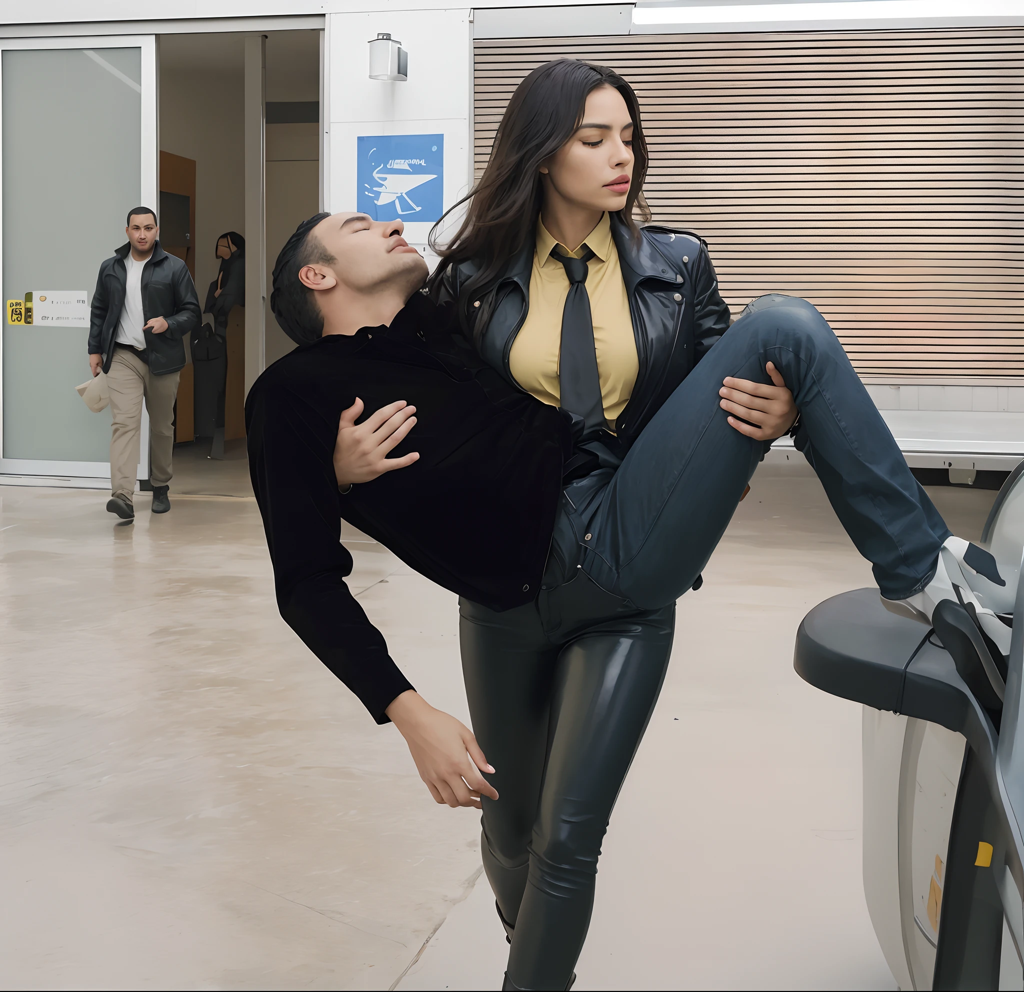 rainy weather, rainfall, humid, girl carries guy, lift and carry, an excessively madeup latino-girl in a high-shine wet black latex downcoat, a young madeup latino-girl in a shiny black vinyl downjacket, a madeup latino-girl in a shiny plastic-downcoat, a very sad and desperately crying latino-girl, an intensely madeup latino-girl in a glossy black vinyl-downcoat, latino-girl with lipstick, latino-girl with smoky eyes, dramatic action pose, woman that is carrying a skinny shorthaired man, there is a beautiful woman in a shiny coat who is carrying a shorthaired blond man in her arms, a longhaired beautiful woman in a high-shine black puffy coat, a longhaired woman in a shiny downcoat, a woman is carrying a shorthaired man who is wearing black shorts, a weak shorthaired man in black shorts is consciousless and needs to be carried, a shorthaired man with closed eyes is carried in the arms of a longhaired latino-woman, a latino-woman looks very scared and terrified, a consciousless shorthaired man with closed eyes is suffering very much and has a very painful face, photo, photo shoot, photographed, arafed man being carried by a woman on a plane, very realistic, very very realistic, hyper-realistic, hyper - realistic, hyper realistic, jacket over bare torso, very disturbing, very hyperrealistic, tom cruise torso, super realistic, hyperrealistic!, extremely realistic, very very very realistic, super-realistic, black patent leather