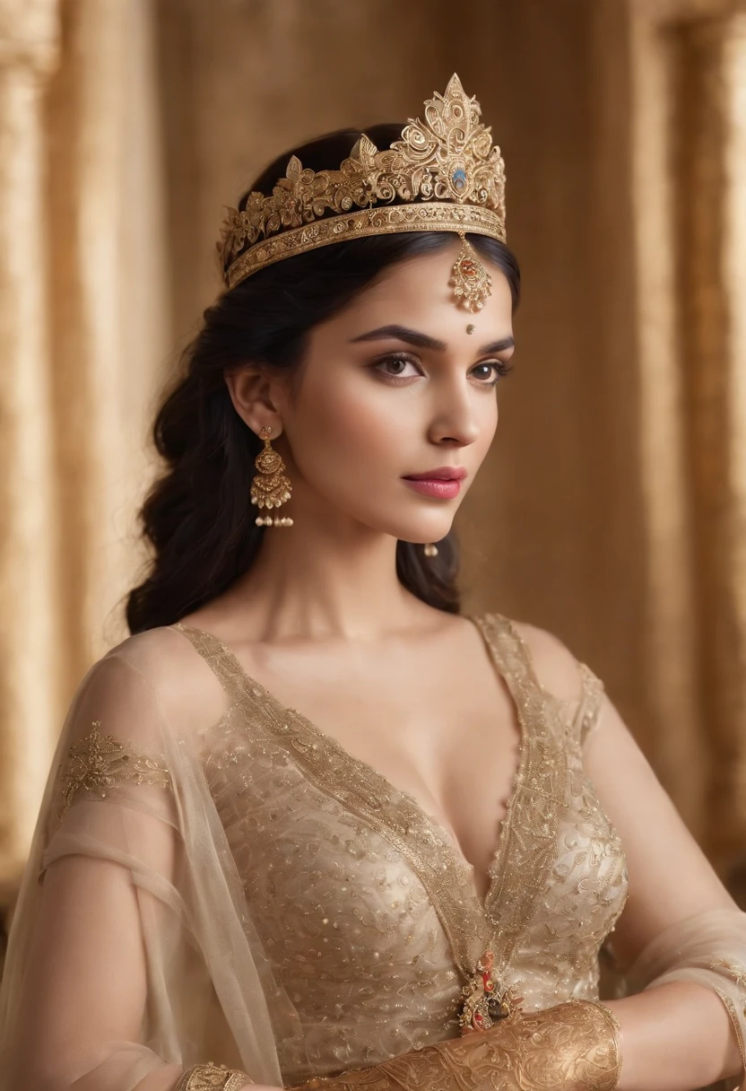 Queen goddess of Indian, with black hair and brown eyes, is glossy-skinned with big tits,looks gorgeous and dignified, has high self-esteem, no dress no bra with jeweled belt, puts on an golden crown, is sitting on golden throne, is commanding servants, sexy Ancient greek palace, Peacocks, Greek mythology, splendid atmosphere, photorealistic, super high quality, super detail, ultra-accurate description of hands, masterpiece, 8K, HDR