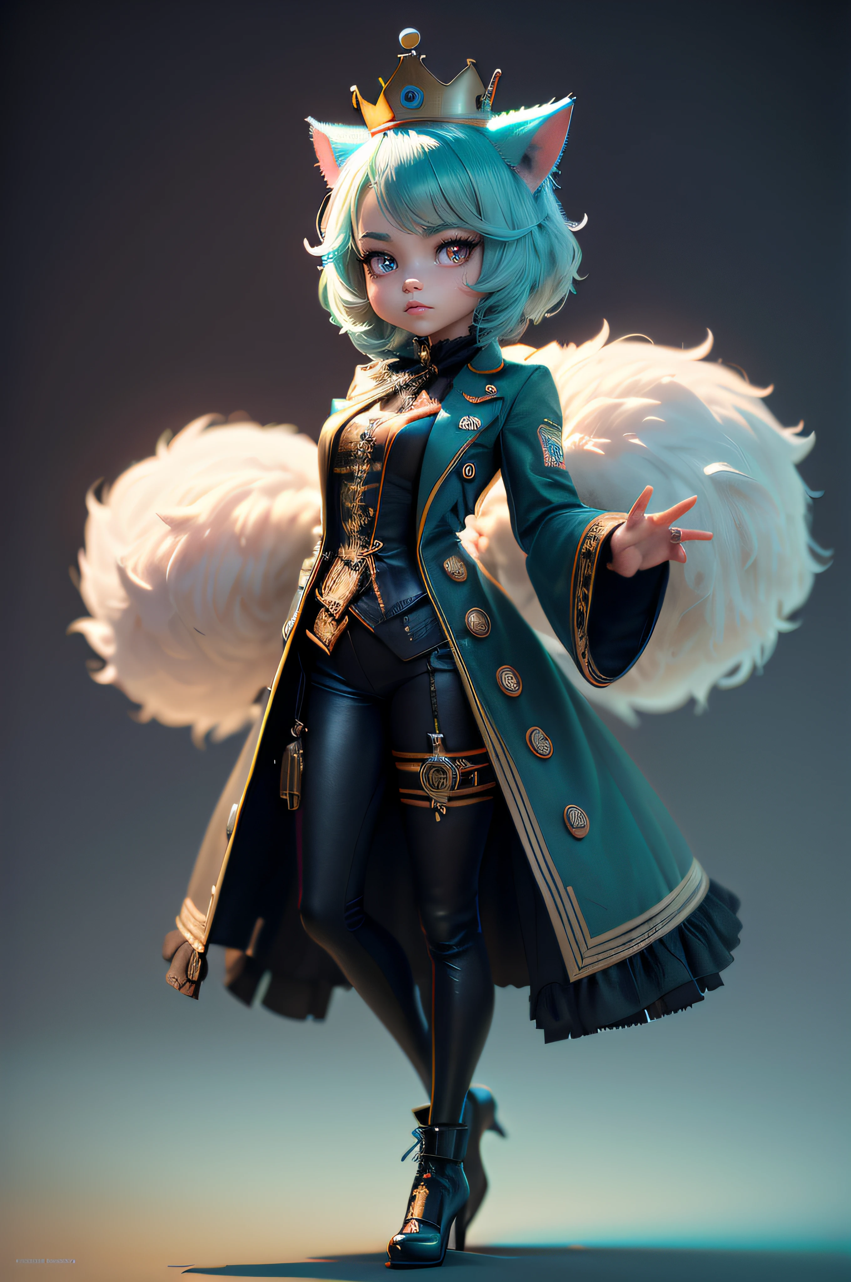 a 3d render of a game character, a cute small (chibi:0.8) anthropomorphic cat, crown, teal, fluffy, cg, colonial suit, unity render, cat eyes, large eyes, blender, octane render, hyper detail, hyper focus, simple background, gradient background, high performance, high poly count, extreme quality, uhd, 8k, aaa, (neon highlights), steampunk--DPM++ 2M Karras