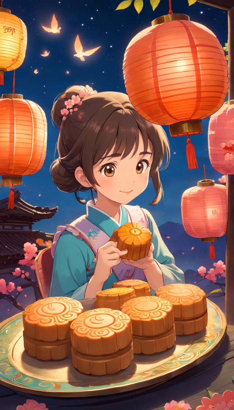 Delicious mooncakes，cinematic ligh，Complicated details，hyper-detailing，Ultra photo realsisim，8K UHD，Place on a blue and white porcelain plate，closeup cleavage，Leave a little space，adorable rabbit，Holding mooncakes，Admire the big moon，peach blossom，lanterns，mid-autumn festival