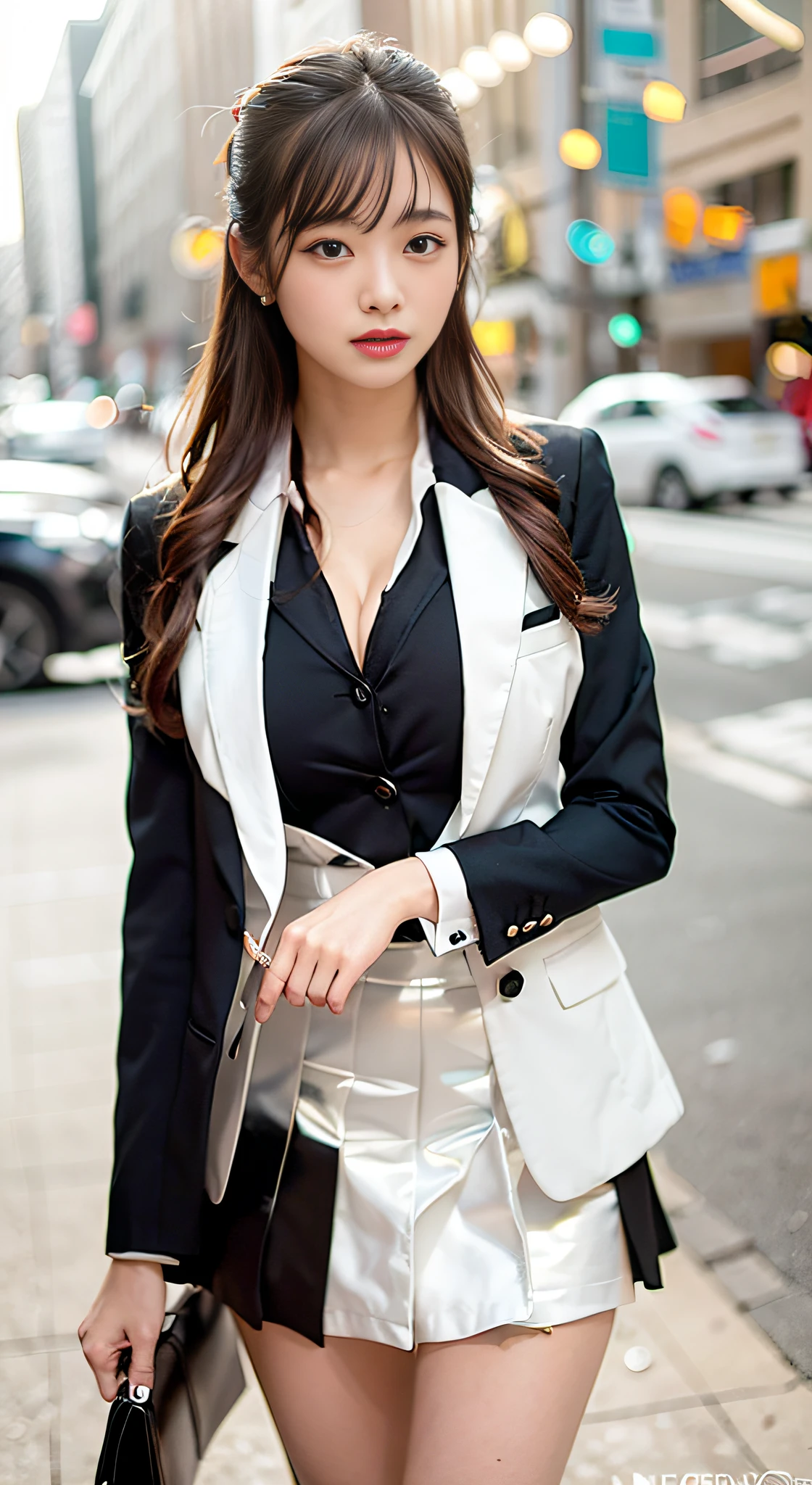 korean woman, age 28, real estate agent, very attractive, allure physique, She uses flirtatious behavior and seduction as tools to close deals, Always dressed provocatively, her outfits enhance her high sex appeal and contribute to her successful career, Her outfit includes a Top: A low-cut, fitted blazer from Balmain that's bold and provocative, yet maintains a professional edge, Accessories: A statement choker necklace from Alexander McQueen and a Bulgari Serpenti bracelet that add a touch of luxury and daring femininity, Bag: A bold, red leather tote from Saint Laurent for carrying documents and essentials,