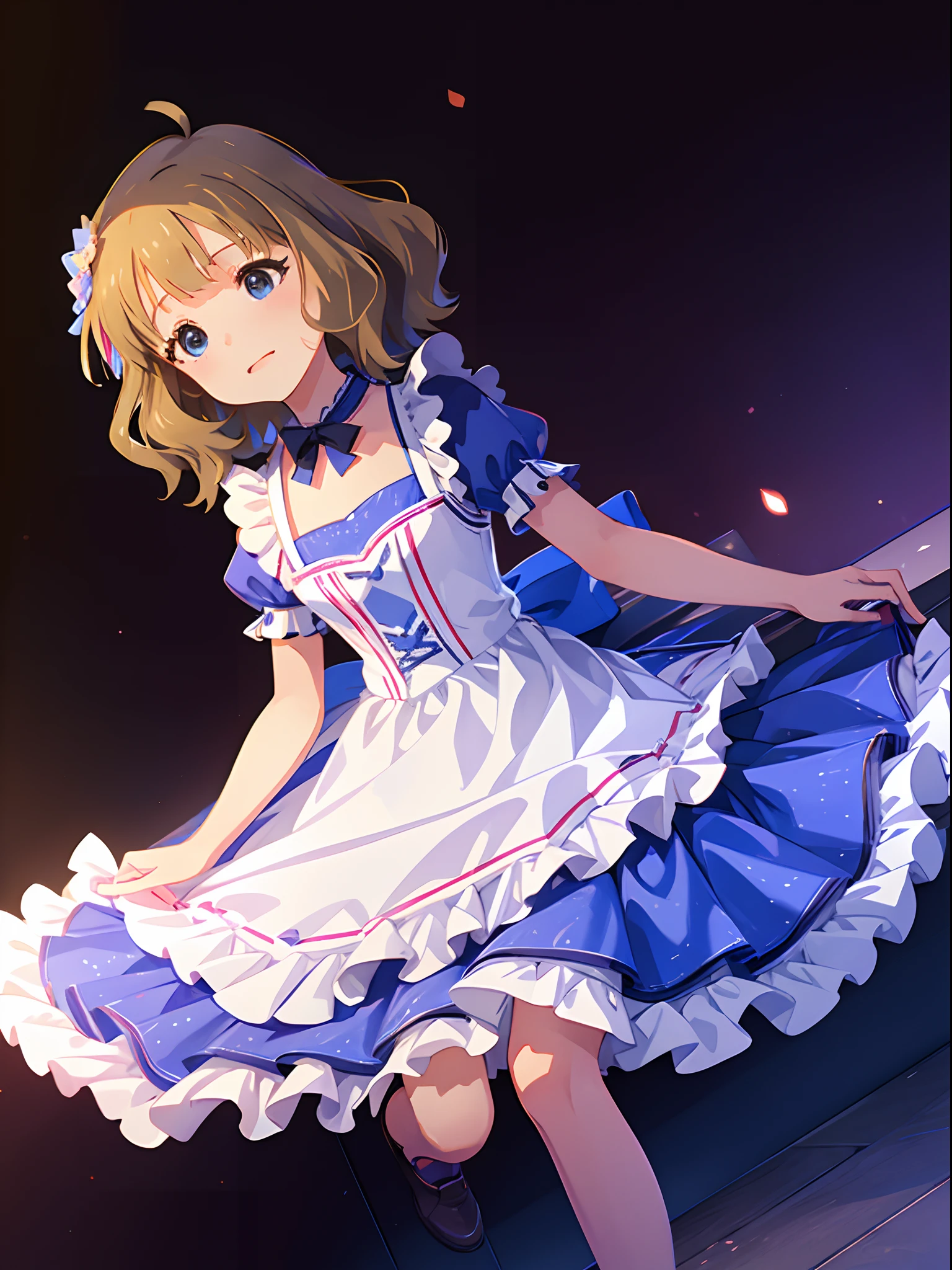 momoko suou (million live), 1 girl, Solo, 11 years old, Lori, Petite, Cute Girl,Best Quality, Ultra-detailed, 8K, High resolution, Alice in Wonderland, Twin tail, sky blue dress, frilled dress, white apron, frilled apron,