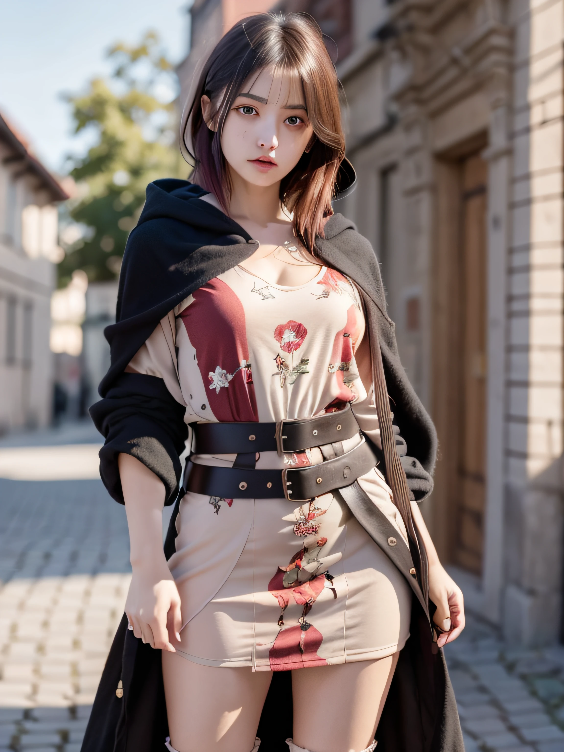 (Realistic oil art, Image up to the waist, 20-year-old princess, british, Black eyes, Vibrant look, redhair, Short hair), Ezio Auditore Tunic, Hooded, Black, brown, Red details, ornaments, 10 freckles% of the zygomatic bones, Perfect face, Critical Cameras, Blurred background, Warm light, clothes details, Strong leftovers, Mystery Pose