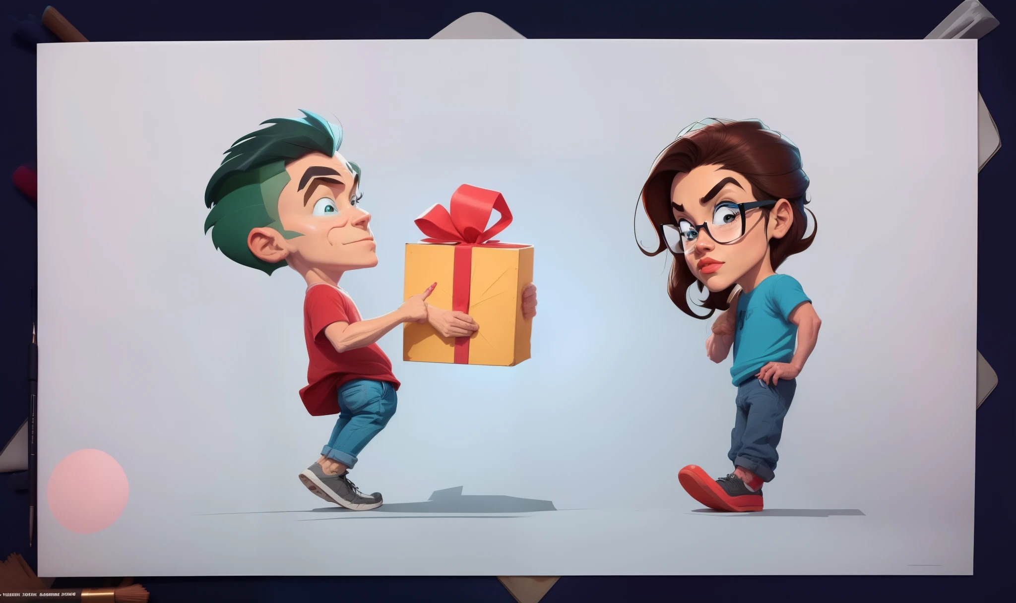 Cartoon of a boy wearing a cap and giving a girl a gift, Desenho in cartoon style, segurando presente, Fanart, Giro, desenho animado de arte digital, charicatura, Cartoon style illustration, Caricato e simplista, arte digital dos desenhos animados, desenho animado bonito, John Tellegen illustration, Vencedor do concurso deviantart, arte dos desenhos animados, pintura digital dos desenhos animados, Feliz!!!