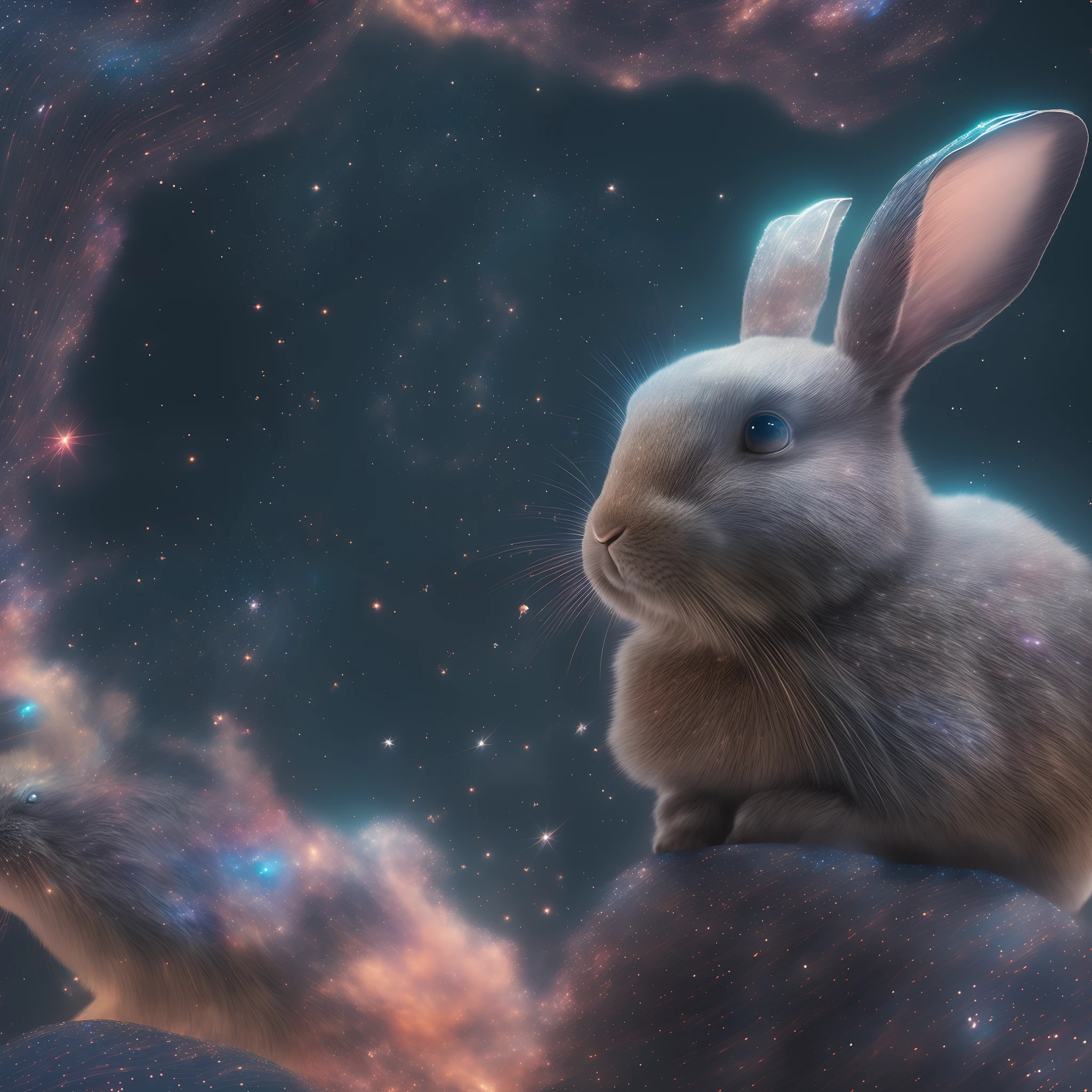 (Best quality,4K,8K,A high resolution,Masterpiece:1.2),Ultra-detailed,(Realistic,Photorealistic,photo-realistic:1.37),galaxias, Starskrim, Starcloud, Bright stars,Spiral smoke, glitters, intricately details, (The shape of a rabbit), rendering by octane, rendering by octane、Octane number plot、uplit，Fantasyart