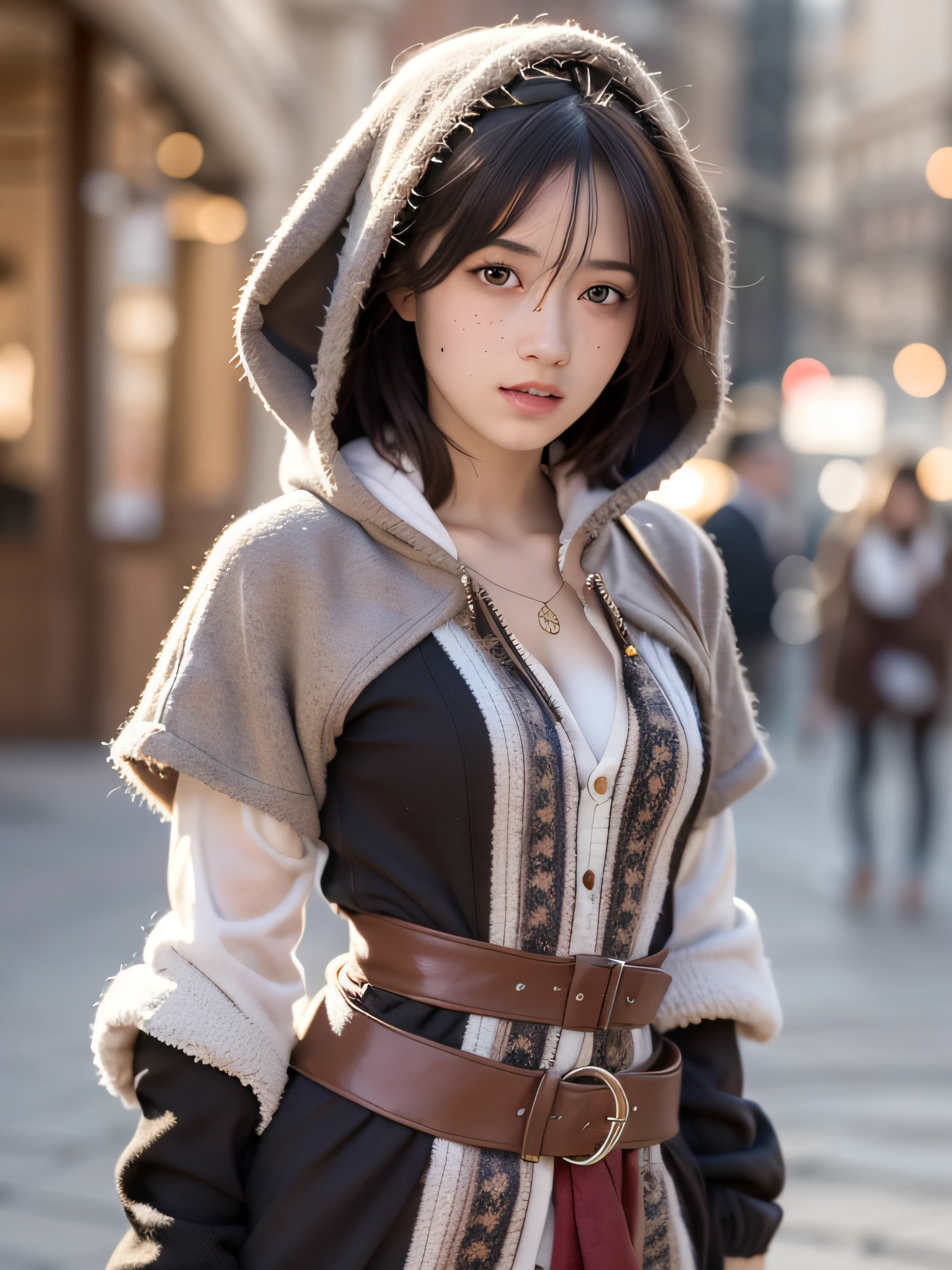 (Realistic oil art, Image up to the waist, 20-year-old princess, british, Black eyes, Vibrant look, redhair, Short hair), Ezio Auditore Tunic, Hooded, Black, brown, Red details, ornaments, 10 freckles% of the zygomatic bones, Perfect face, Critical Cameras, Blurred background, Warm light, clothes details, Strong leftovers, Mystery Pose