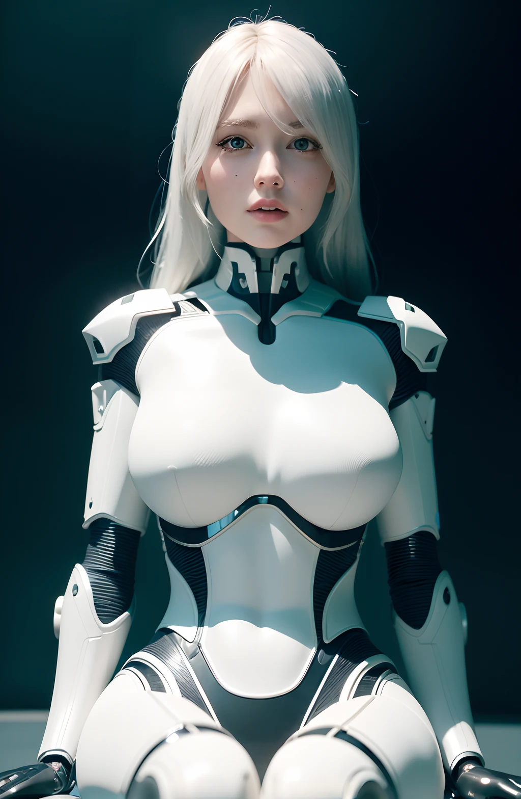 complex 3d render ultra detailed of a beautiful porcelain profile woman android face, Cyborg, cyborg robot parts, 150 mm, Beautiful studio soft light, rim-light, vibrant detail, Luxurious cyberpunk, Lace, Hyperrealistic, anatomically, face muscles, Cable Electrical Wire, micro Chip, elegant, Beautiful background, rendering by octane, h. r. Giger style, 8K, Best quality, Masterpiece, illustration, An extremely delicate and beautiful, Extremely detailed ,CG ,Unity ,the wallpaper,Amazing, finedetail, Masterpiece,Best quality,offcial art, Extremely detailed CG unified 8K wallpapers, robot, silver halmet, ((full bodyesbian)), Sitting