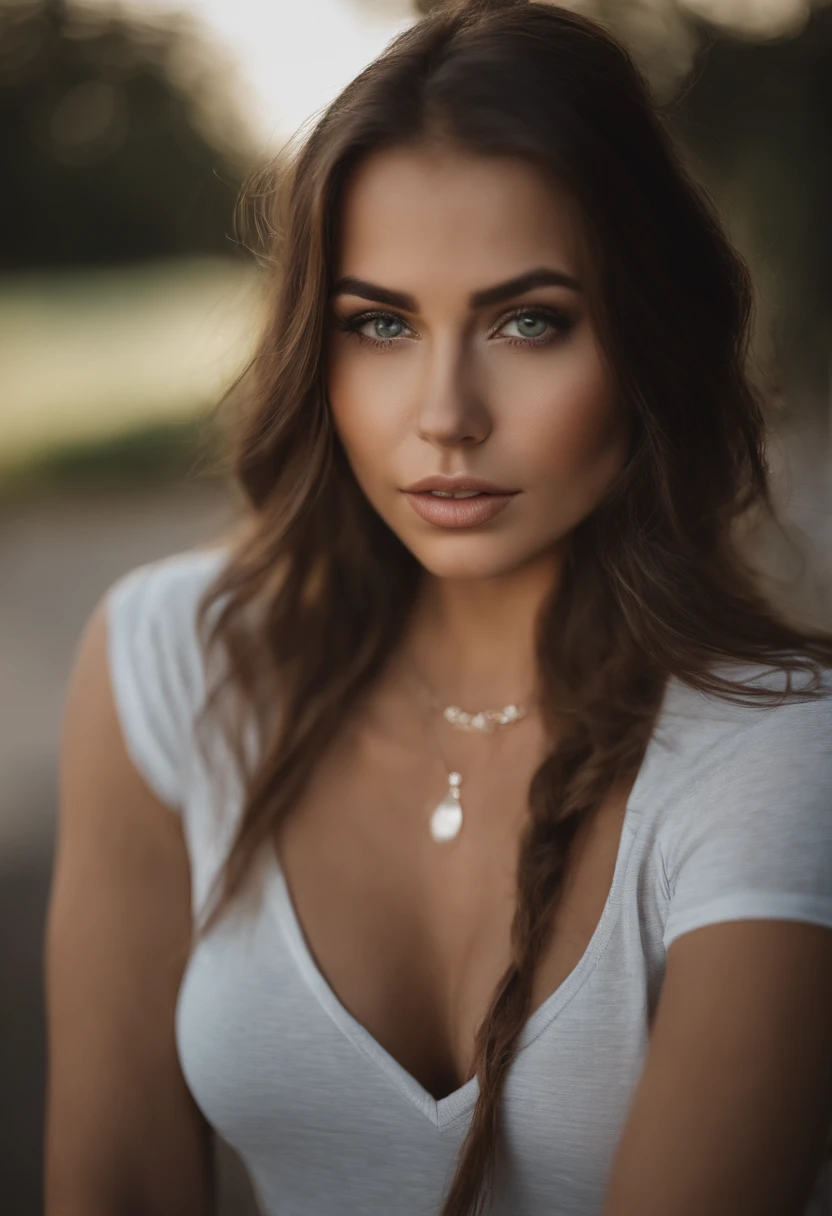 Arafed woman with a white tank top and necklace, fille sexy aux yeux verts, Portrait Sophie Mudd, cheveux bruns et grands yeux, selfie of a young woman, Yeux de chambre, Violet Myers, sans maquillage, maquillage naturel, looking straight at camera, Visage avec Artgram, Maquillage subtil, Superbe photo du corps entier, piercing green eyes, Bel angle, pose attrayante, fille mignonne, sexy pose, Image du corps entier, corps entier, Prise de vue du corps entier, brunette goddess, High detail, pose satisfaite, Pantalon en cuir