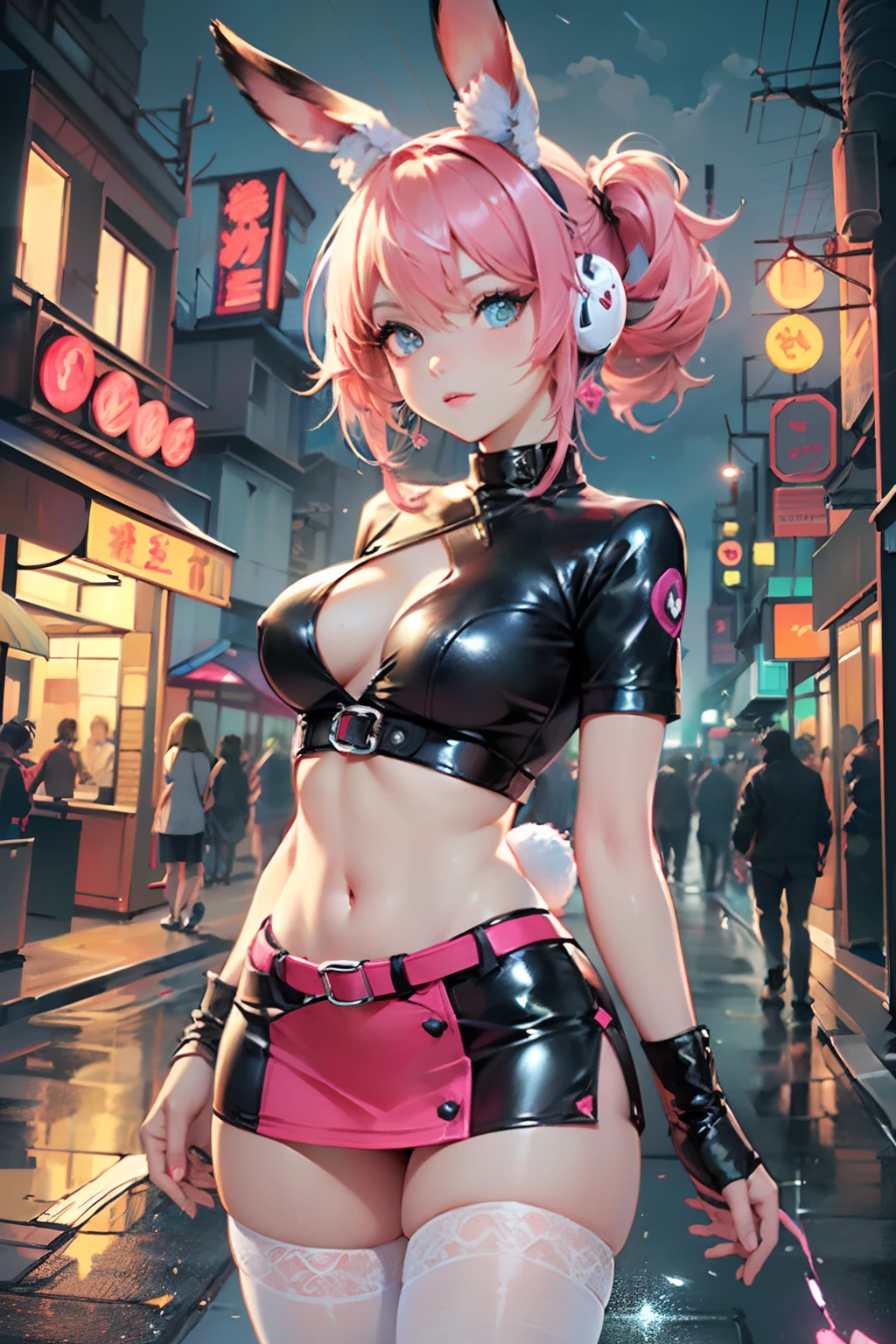 Cute Bunny,(((20 years old))),((Anime little rabbit with very cute and beautiful twin-tailed pink hair walking down the street)),(((Bunny Girl,Antro Furry Cute,bunnygirl))),(((Bunny ears,Rabbit ears on the head,Big rabbit ears))),
((large full breasts))), (((Fuchsia Hair:1.35,short fuchsia hair,Colored inner hair,Ear breathing,))),((Heterochromia, I1 Fuchsia, Eye 2 Pink, Perfect eyes, upward-eyed:1.3, Beautiful detailed eyes, finely detailed beautiful eye:1, big highlight on eyes:1.2, slanted eye)), (((Lustrous skin:1.5,bright skin: 1.5,skin tanned,Shiny skin,Very shiny skin,Shiny body,plastic glitter skin,exaggerated shiny skin))),(delicate detailed fingers,Detailed body,detailed arms,Human Hands, Detailed hand),
Cute,sluttish,,Erotic,NSFW,
zettai ryouiki,Revealing clothing,Show skin,((Rave Shirts, Fluorescent shirt, Rave Miniskirt,Visible lace strap)),(Wearing a rave costume:1.3,Rave Clothing,seminude,with little clothing,),(detailed costume,detailed clothes),
(Dynamic Pose:1.0), Solo Focus, Centered, scale to fit the dimensions, thirds rule,
Outdoors, ((Night view)), (Cyberpunk Night Street Background: 1.5,dark sky,alleyway,Lonely alley,Thick clouds, Detailed background:1.25),
(Best Quality), (High resolution), (Sharp Focus), (ultra-detailliert), (Extremely detailed), (Very high quality artwork), 8K_Wallpaper, (8K HDTV CG),(Very fine 8K CG), ((hyper super ultra detailed perfect piece)), flawless, (((masutepiece))), Illustration, Vibrant colors, (Convoluted), High contrast, Selective lighting, double exposure, nffsw (High dynamic range), Post-processing, Background blur,